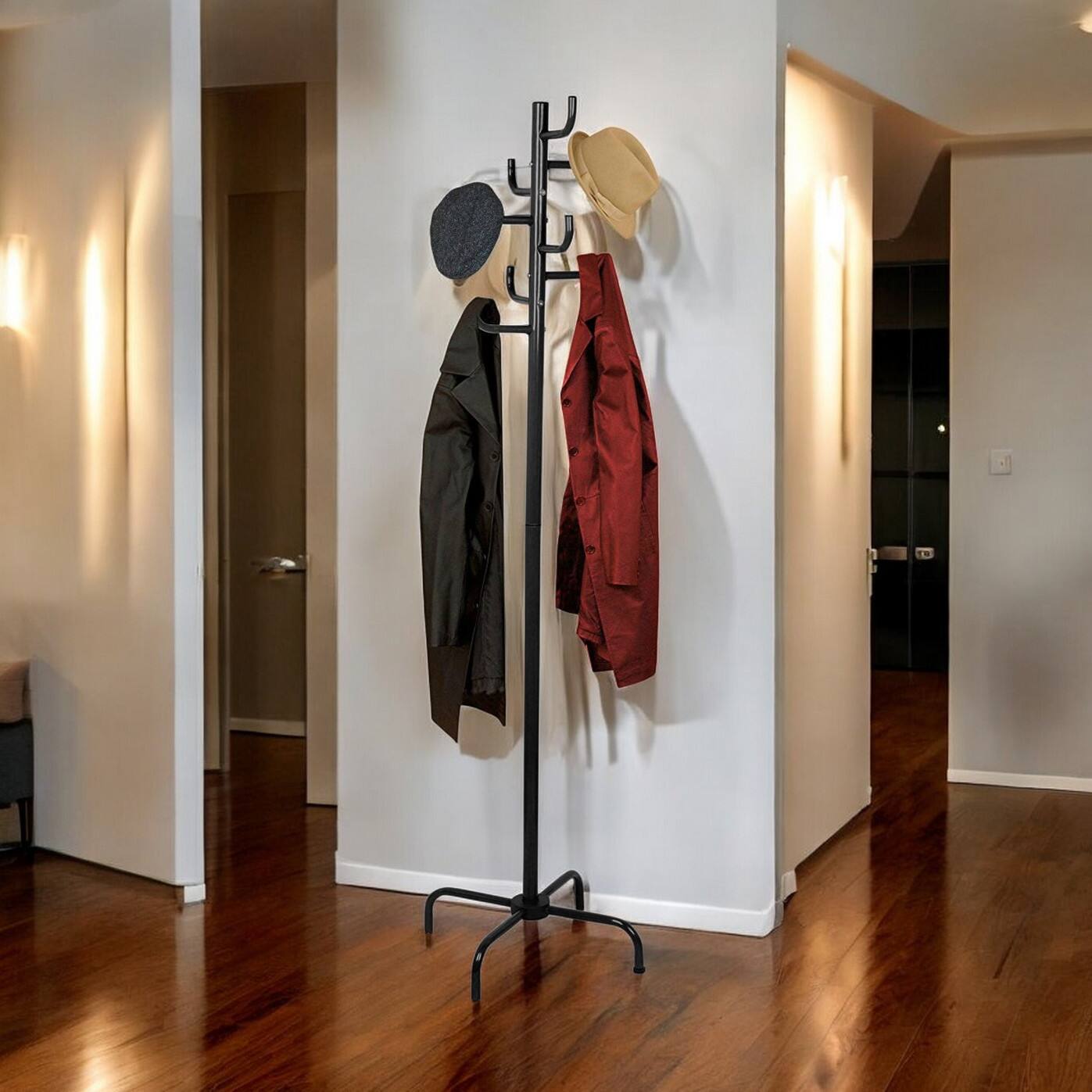 Back. SlickBlue - Space-Saving Metal Hall Tree Coat Rack with Hat Hooks - Black.