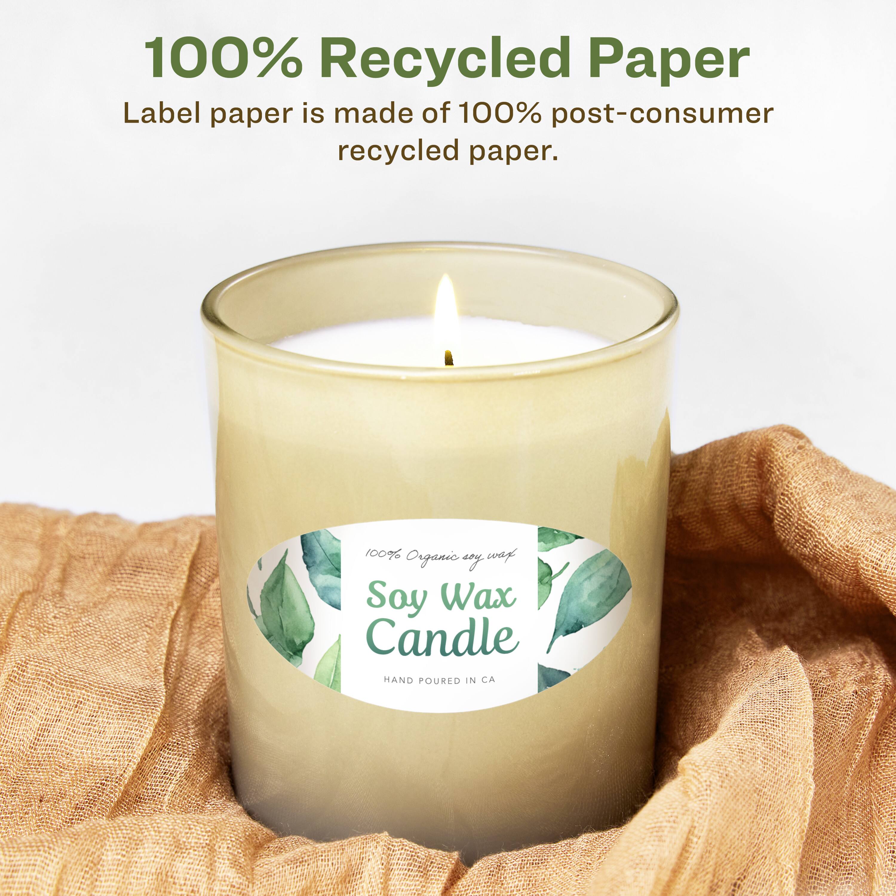 100% Recycled Paper  
Label paper is made of 100% post-consumer recycled paper.

100% Organic Soy Wax Candle  
HAND POURED IN CA