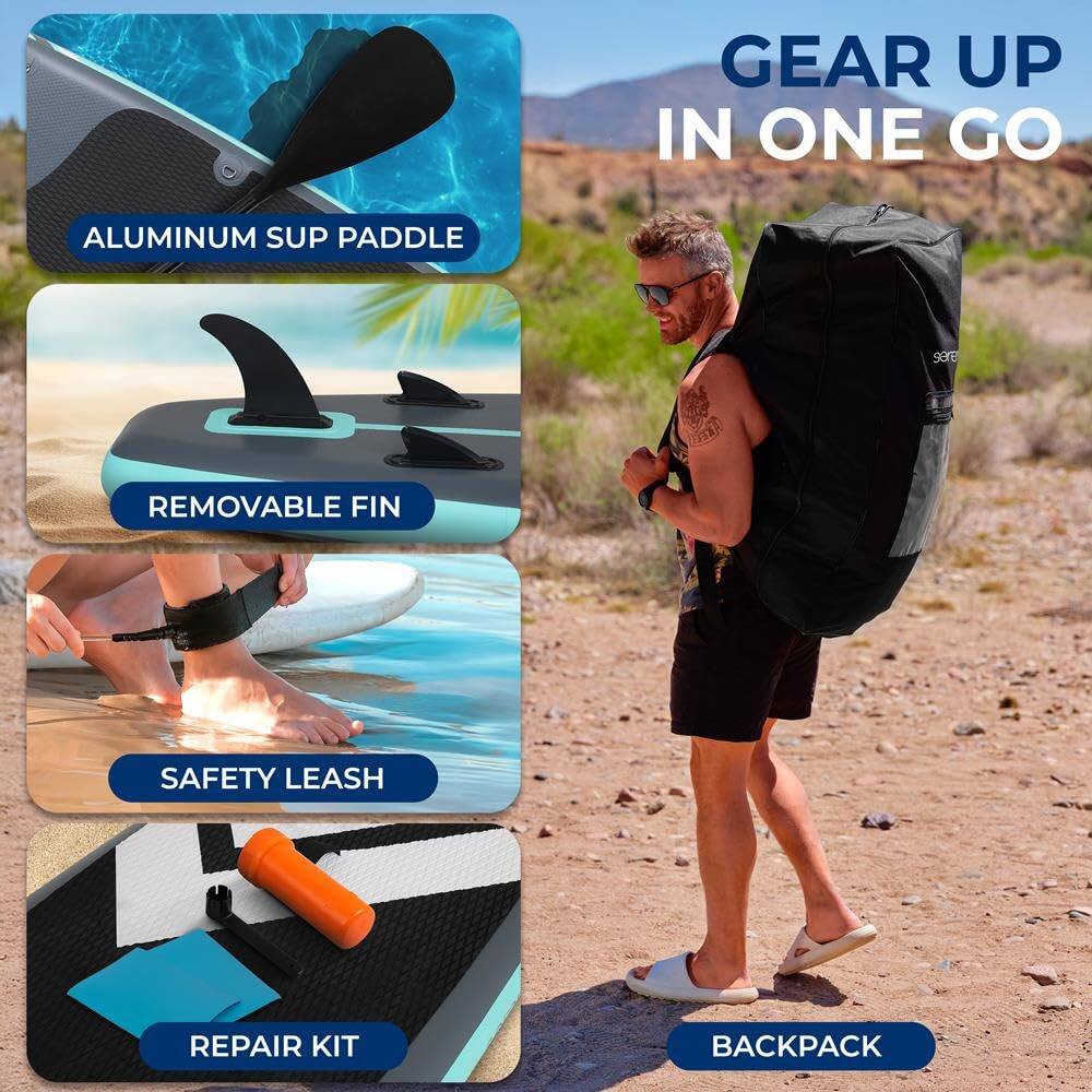 GEAR UP IN ONE GO

- ALUMINUM SUP PADDLE
- REMOVABLE FIN
- SAFETY LEASH
- REPAIR KIT
- BACKPACK