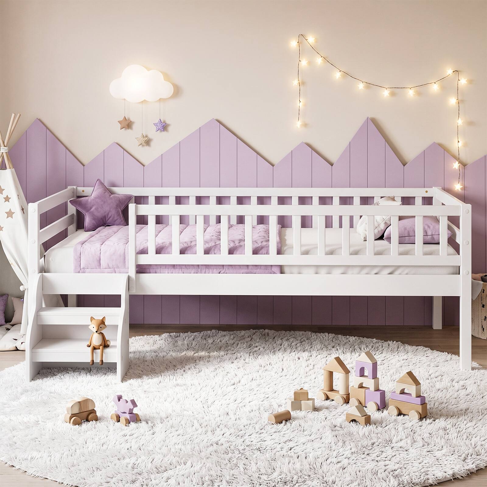 Alt View 4. Costway - Costway Twin Size Montessori Bed with Stairs Guardrails Wooden Slat Support Under Bed Space - White.