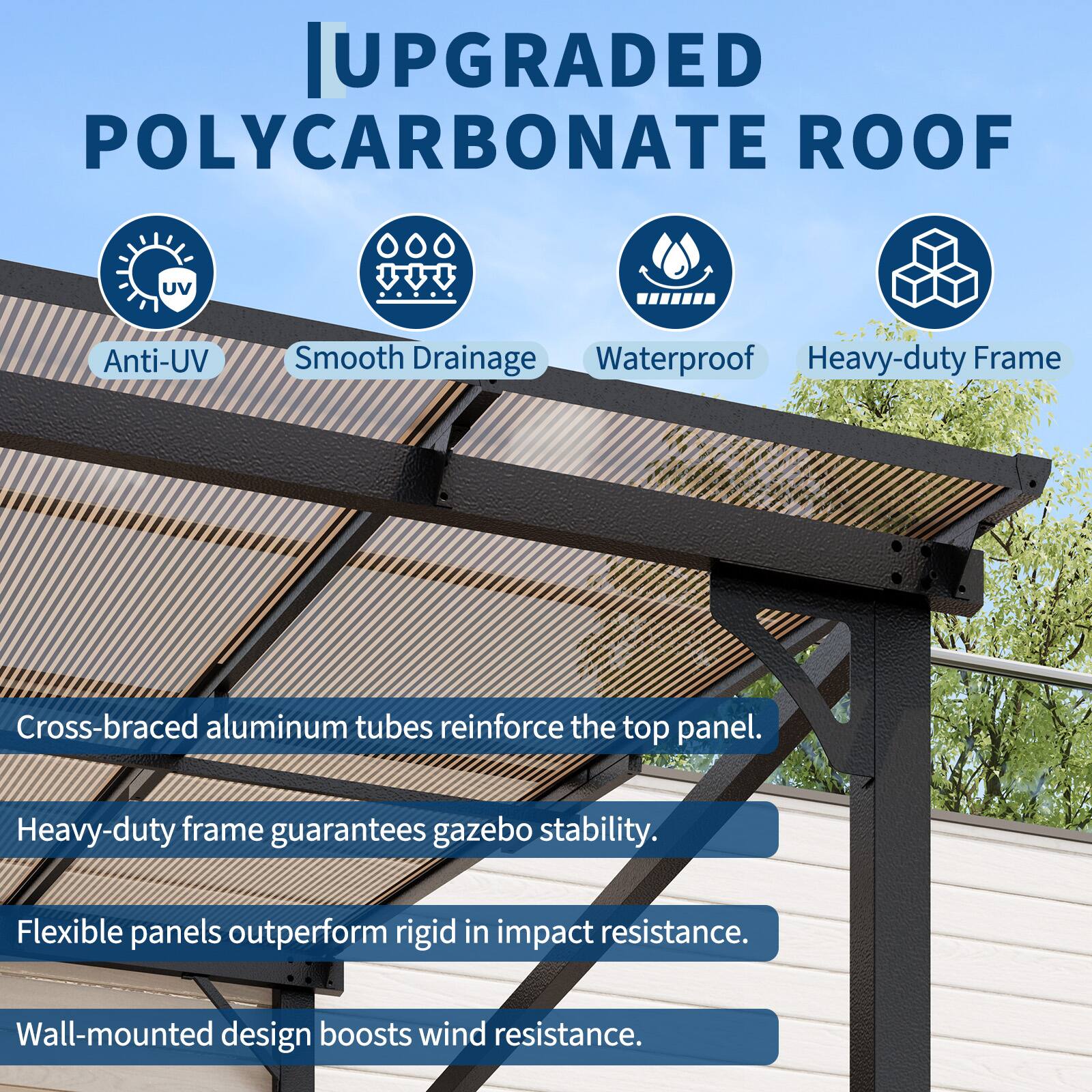 **UPGRADED POLYCARBONATE ROOF**

- Anti-UV
- Smooth Drainage
- Waterproof
- Heavy-duty Frame

Cross-braced aluminum tubes reinforce the top panel.

Heavy-duty frame guarantees gazebo stability.

Flexible panels outperform rigid in impact resistance.

Wall-mounted design boosts wind resistance.