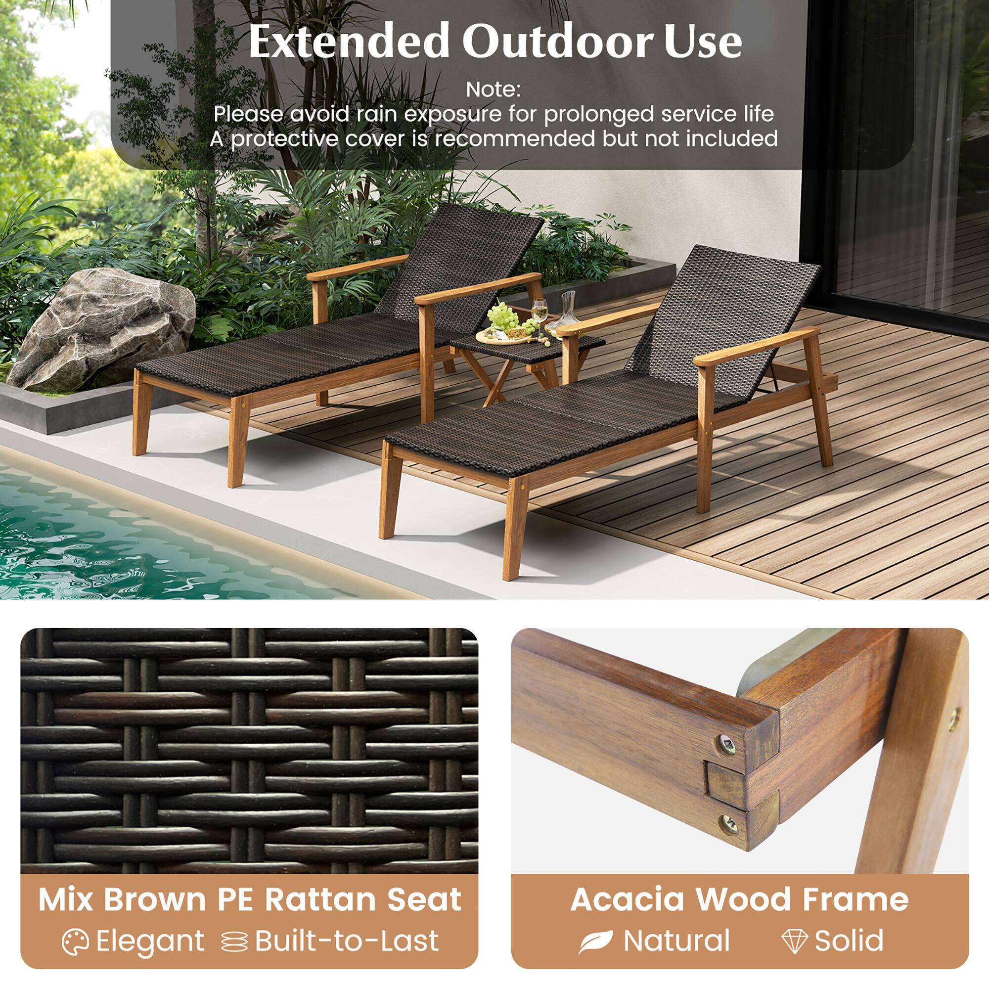 Extended Outdoor Use

Note: Please avoid rain exposure for prolonged service life. A protective cover is recommended but not included.

Mix Brown PE Rattan Seat
Elegant
Built-to-Last

Acacia Wood Frame
Natural
Solid