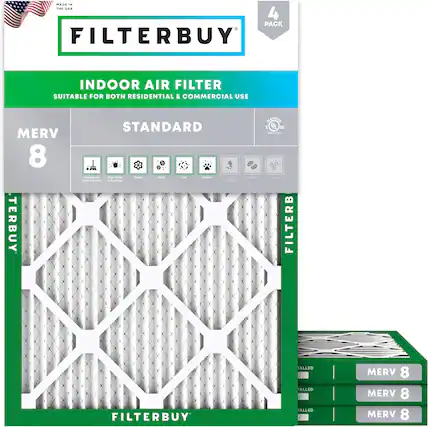 MADE IN THE USA
4 PACK FILTERBUY INDOOR AIR FILTER
SUITABLE FOR BOTH RESIDENTIAL & COMMERCIAL USE
MERV 8
STANDARD
- Household Dust & Particles
- Dust Mites
- Pollen
- Mold
- Lint
- Dander
- Smoke
- Bacteria
- Odors
FILTERBUY
FILTERBUY
FILTERBUY