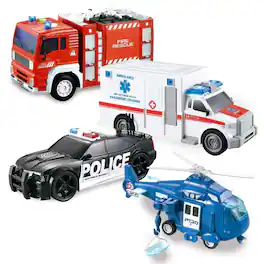 Joyfy - 4 Packs Emergency Vehicle Toy Playsets, Friction Powered Vehicles with Light and Sound, Birthday Gifts for Kids Boys