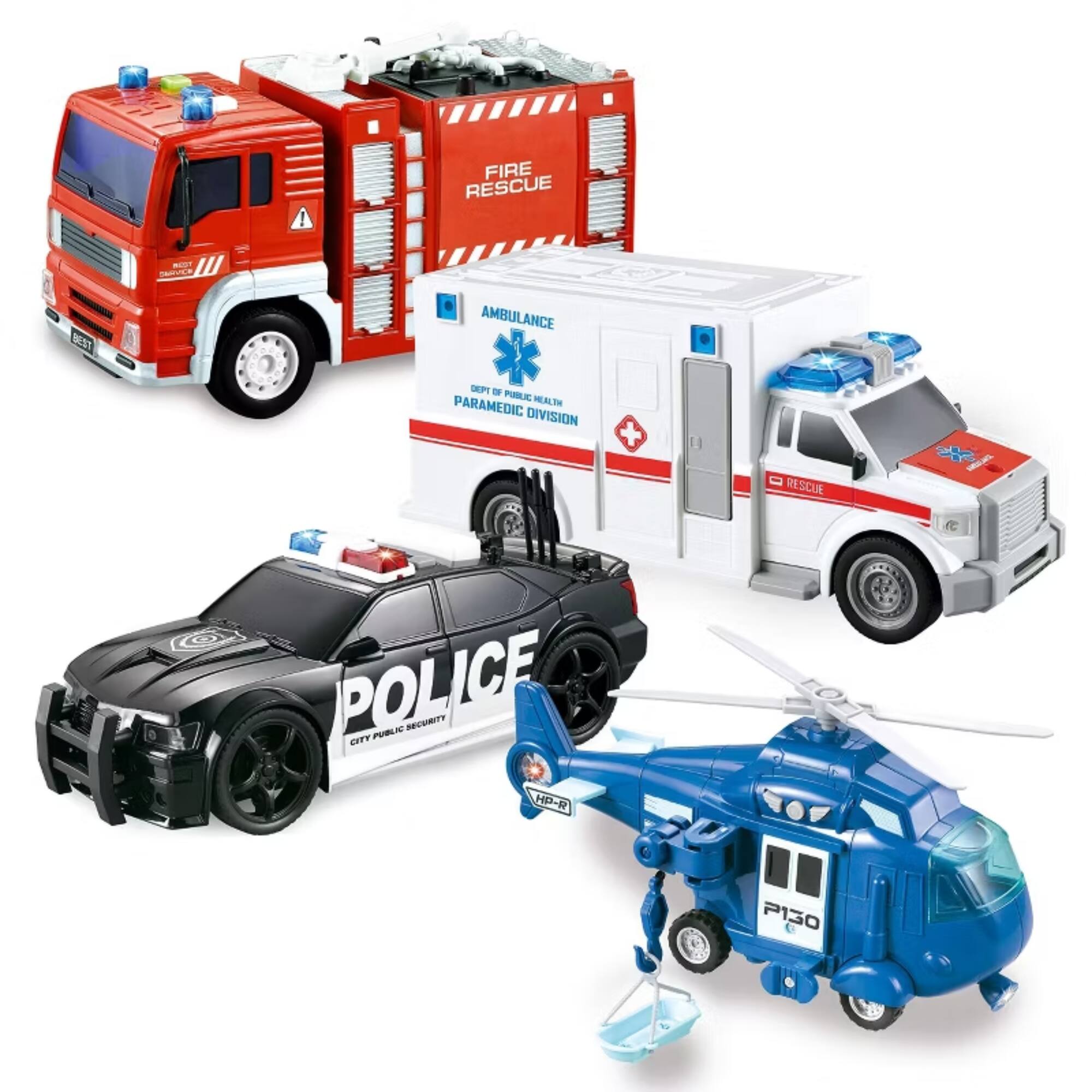 Joyfy - 4 Packs Emergency Vehicle Toy Playsets, Friction Powered Vehicles with Light and Sound, Birthday Gifts for Kids Boys