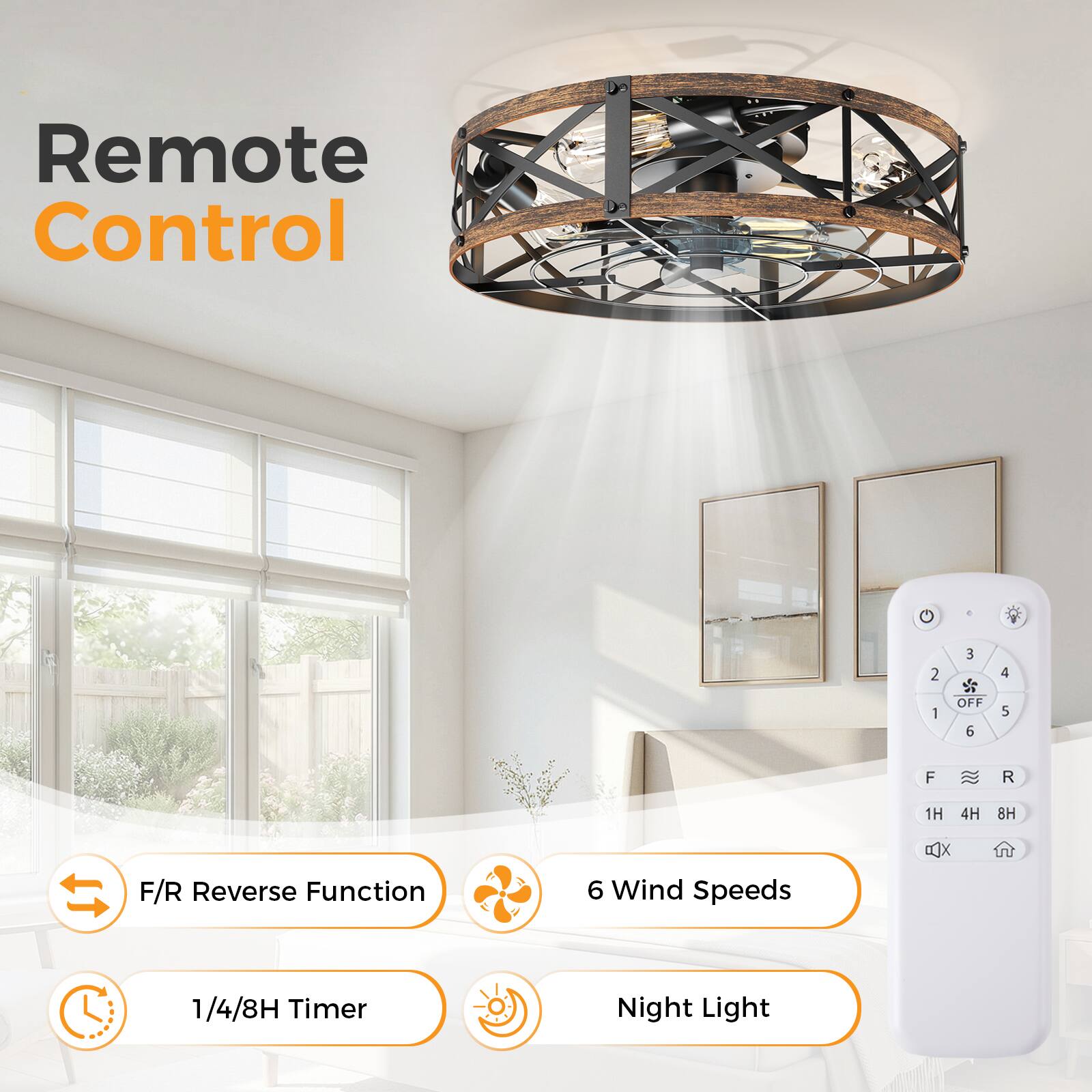 Remote Control

- F/R Reverse Function
- 6 Wind Speeds
- 1/4/8H Timer
- Night Light