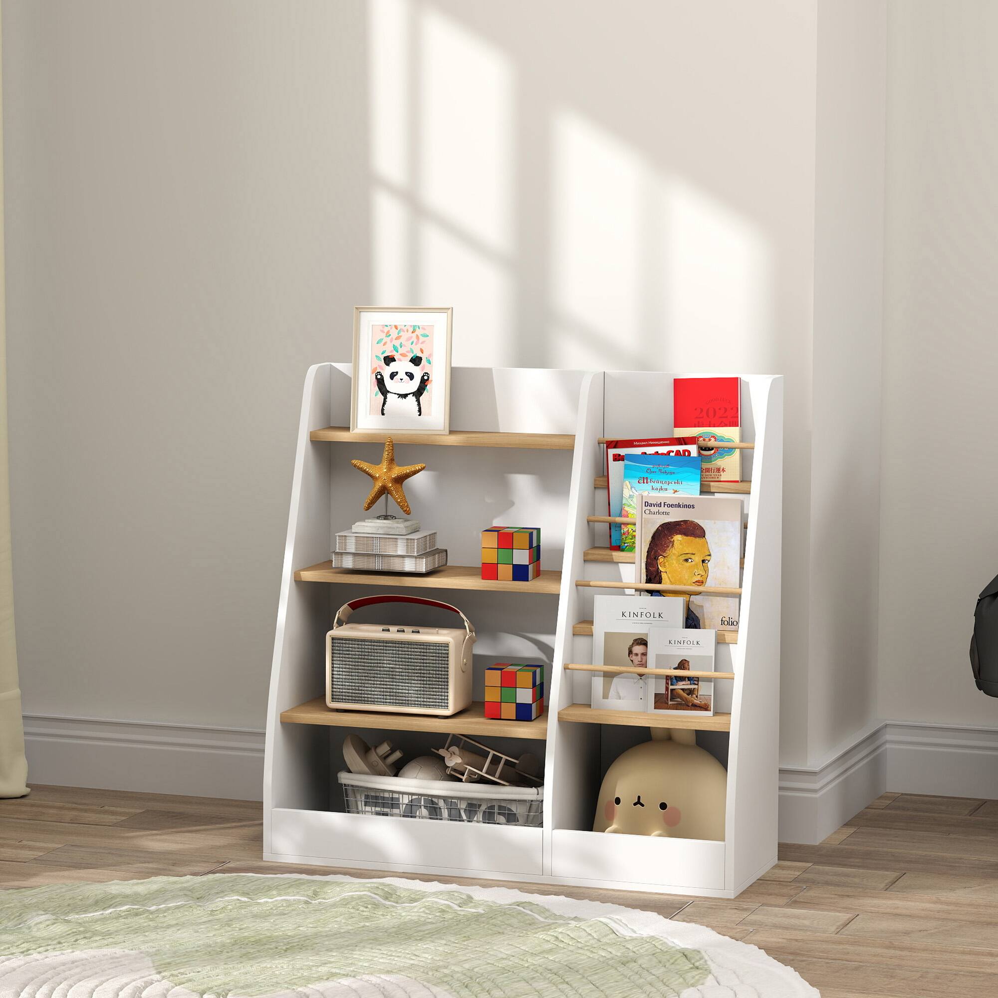 Alt View 5. Qaba - Kids Bookshelf and Toy Storage Organizer, 4 Tier Bookshelf for Kids with 4 Layer Book Rack and Storage Grid - White.