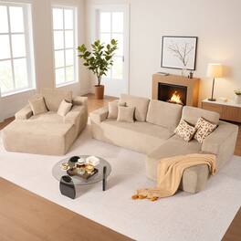 Ovios - 106" L-Shaped Cloud Sectional Sofa with Oversized Chaise Lounge - Camel(Corduroy, Right Facing)