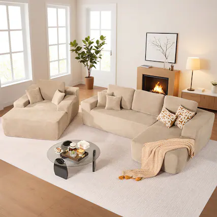 Front. Ovios - 106" L-Shaped Cloud Sectional Sofa with Oversized Chaise Lounge - Camel(Corduroy, Right Facing).
