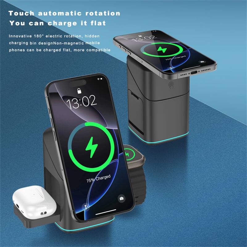 Touch automatic rotation  
You can charge it flat  

Innovative 180° electric rotation, hidden charging bin design. Non-magnetic mobile phones can be charged flat, more compatible.  

13:02  
75% Charged