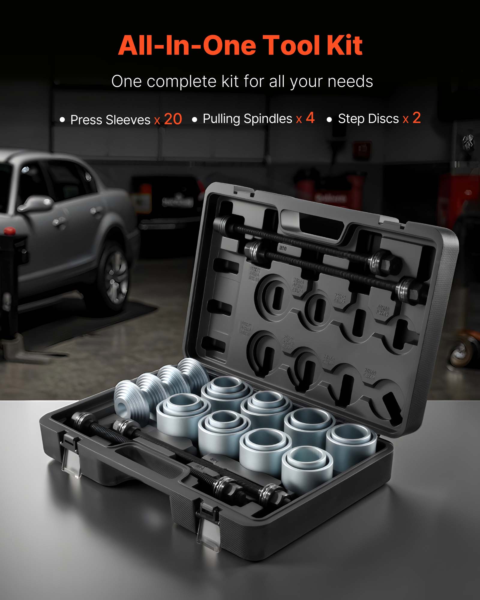 All-In-One Tool Kit  
One complete kit for all your needs  
- Press Sleeves x 20  
- Pulling Spindles x 4  
- Step Discs x 2