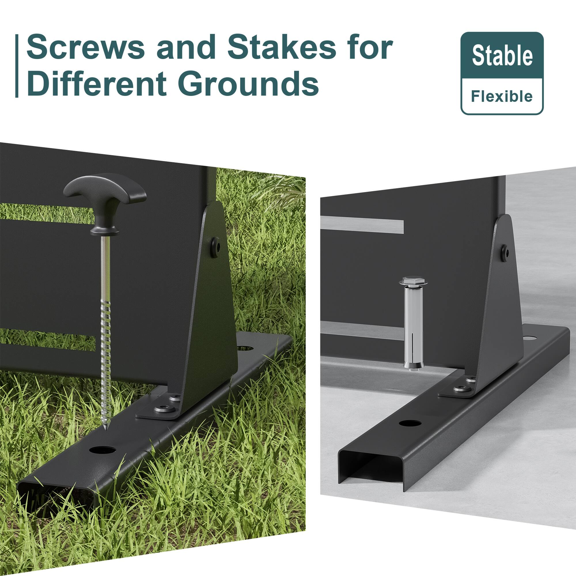 Screws and Stakes for Different Grounds

Stable Flexible