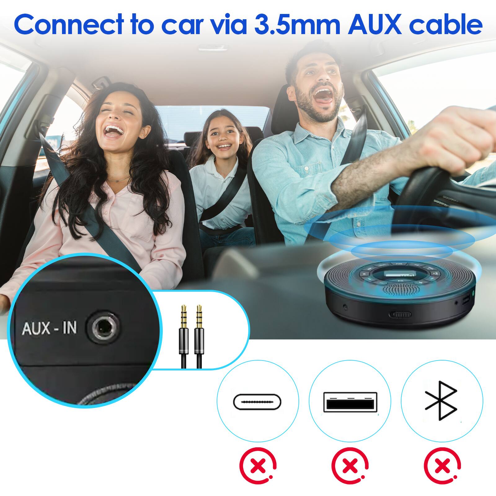 Connect to car via 3.5mm AUX cable

AUX - IN

Connect to car via 3.5mm AUX cable