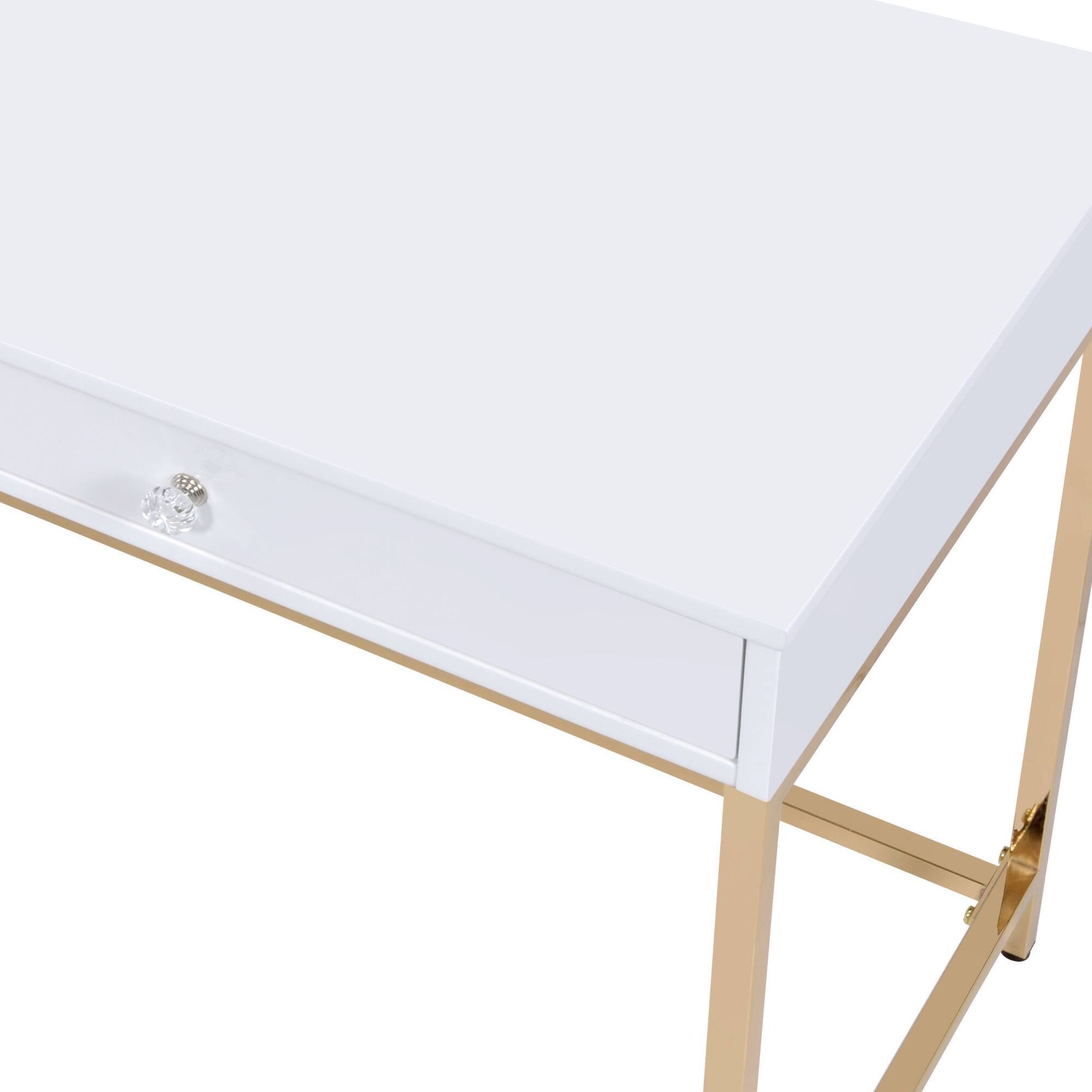 Alt View 1. GOODSILO - Contemporary High Gloss Writing Desk with Metal Base and Two Storage Drawers for Modern Office - Gloss White.