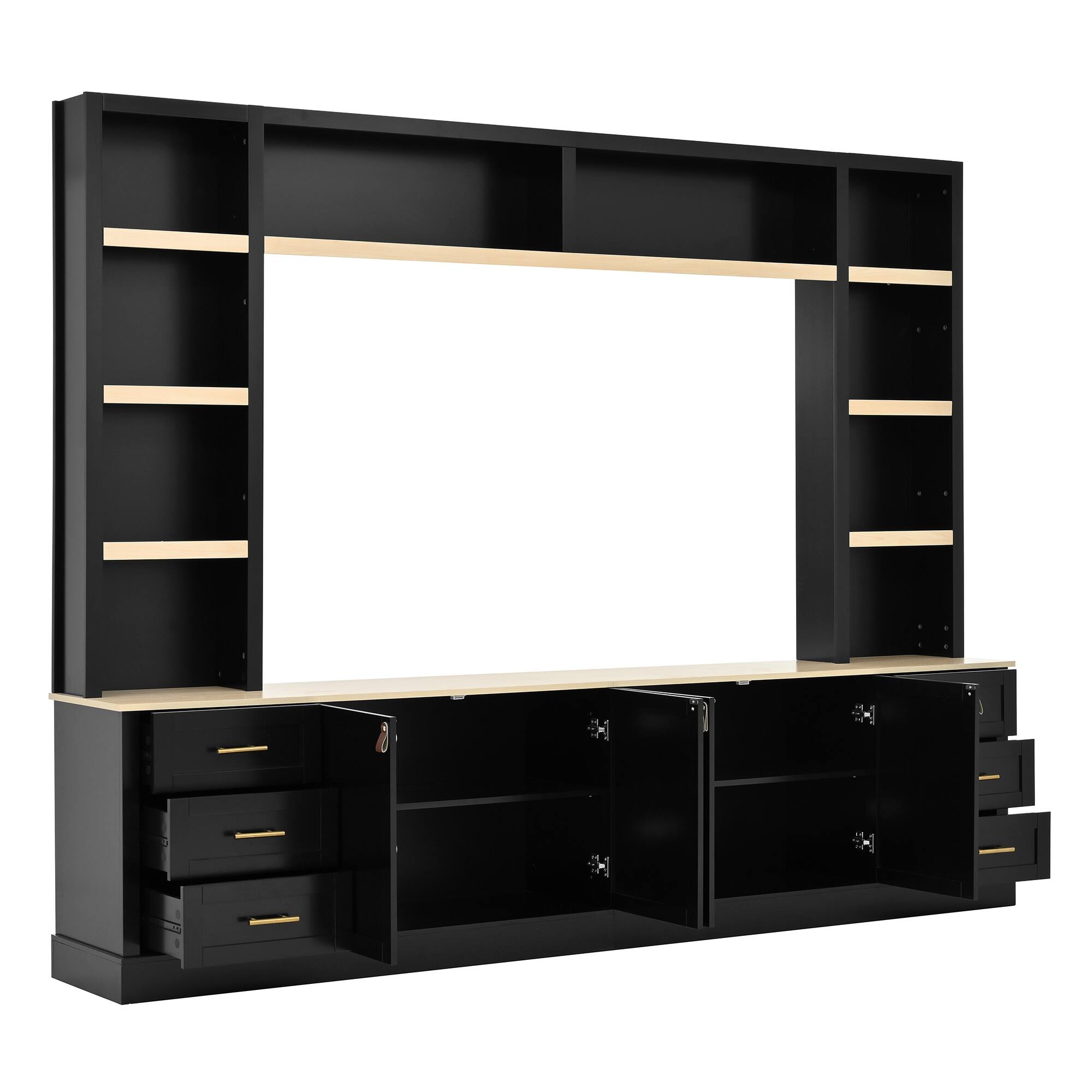 Back. Whisen - 102-Inch 4-Piece Entertainment Center Wall Unit for TVs up to 75-Inch with Storage,Adjustable Shelves and 6 Drawers - Black.