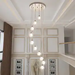 RYHNUYNE - Modern 10-Light Crystal Globe Chandelier,Hanging Pendant Light for High Ceiling Staircase - Nickel