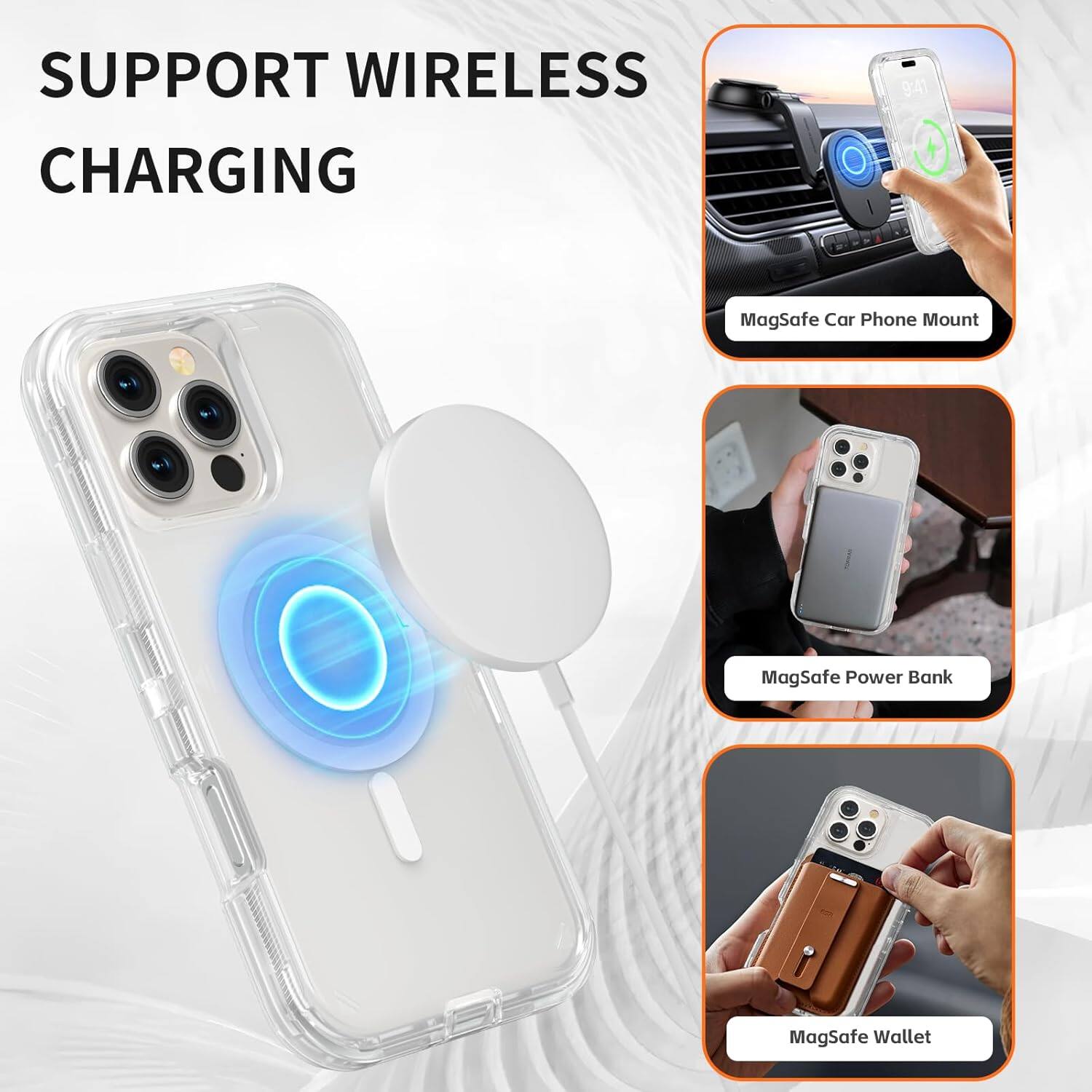 SUPPORT WIRELESS CHARGING, MagSafe Car Phone Mount, MagSafe Power Bank, MagSafe Wallet