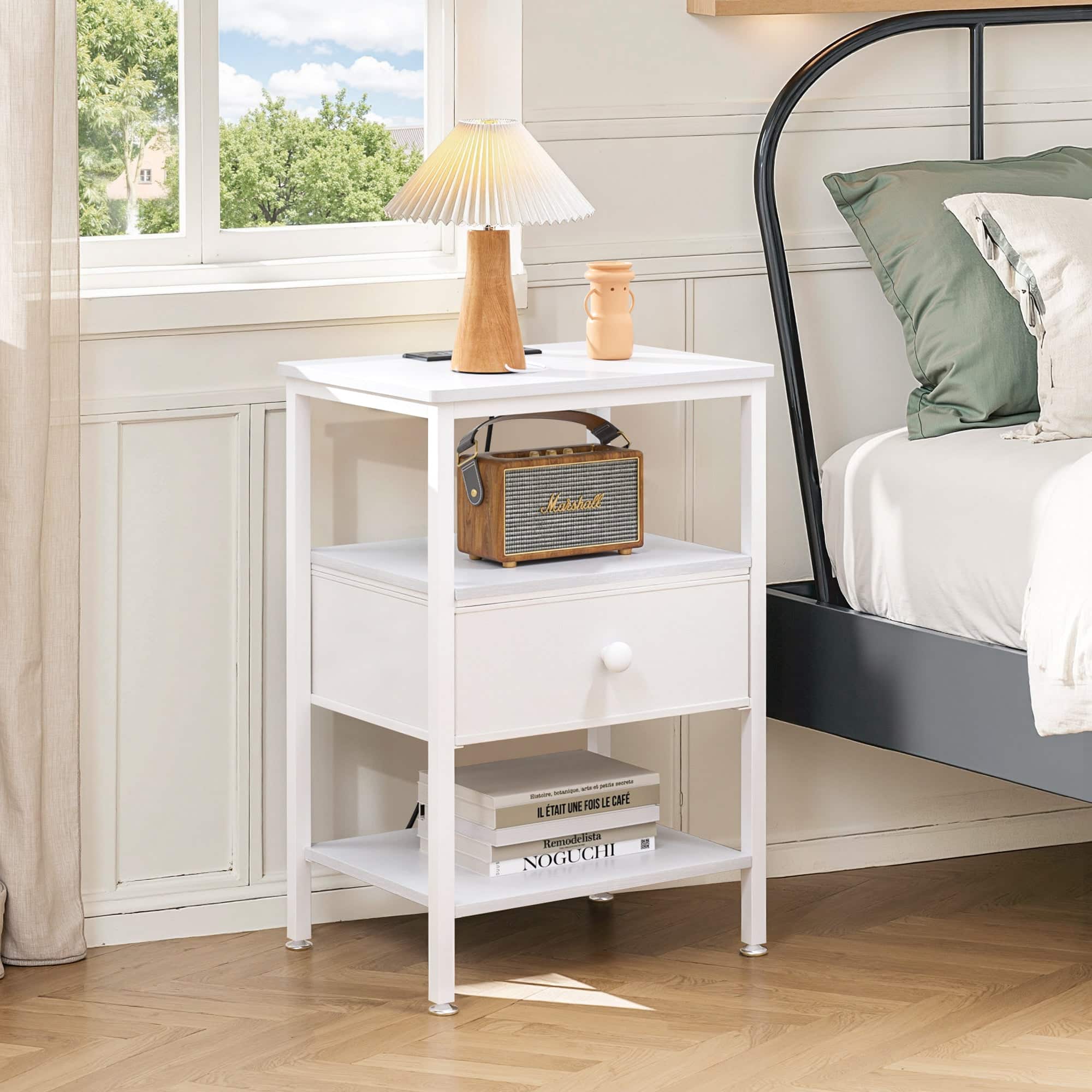 Vecelo - 1Pack Nightstand with Charging Station, Bedside Table with USB Ports and Outlets for Bedroom - White