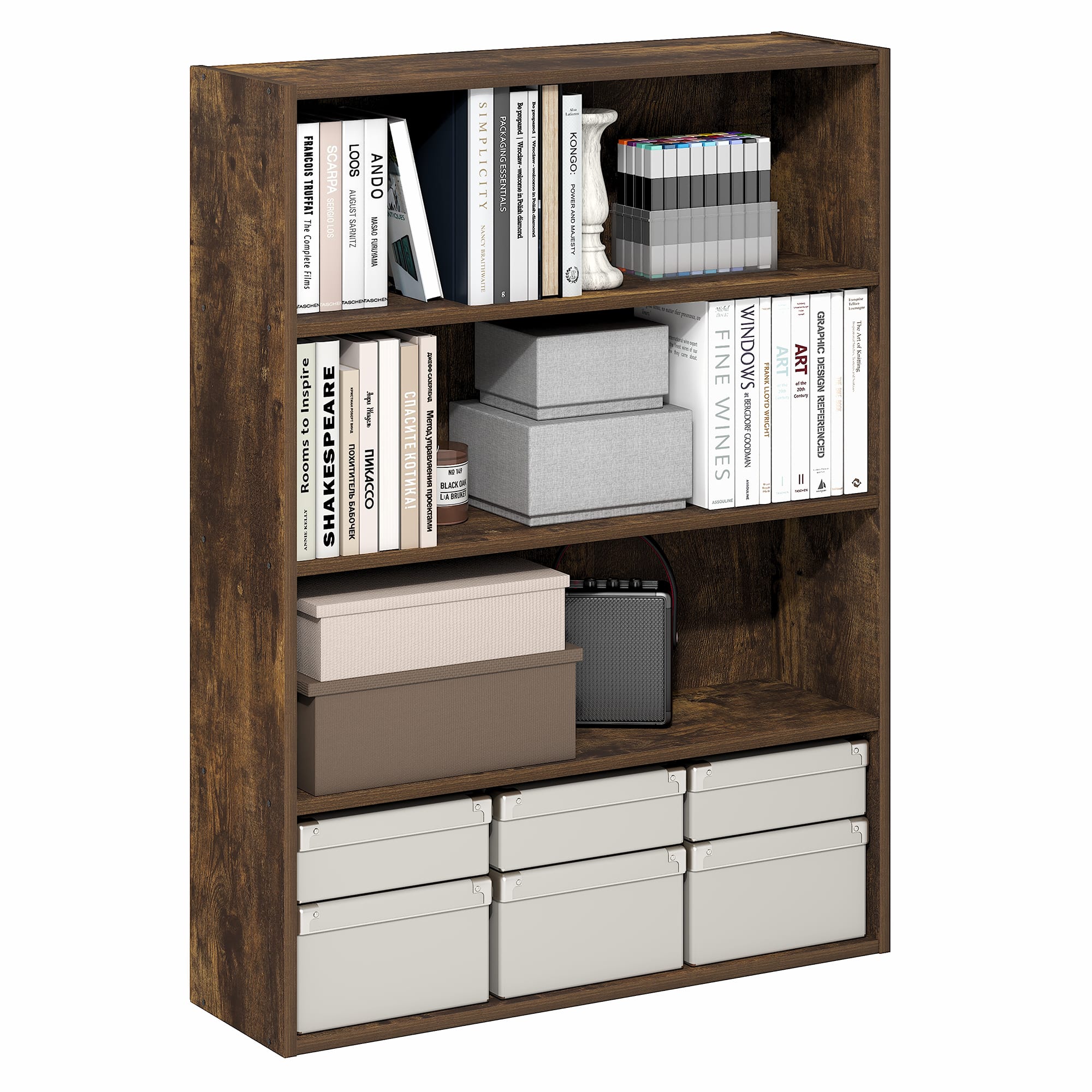 Furinno - PASIR Book Shelf, 4-Tier Bookshelf, Bookcase with Open Storage Shelf, 9.3 x 31.3 x 41.8, for Home Office, Living Room - Amber Pine