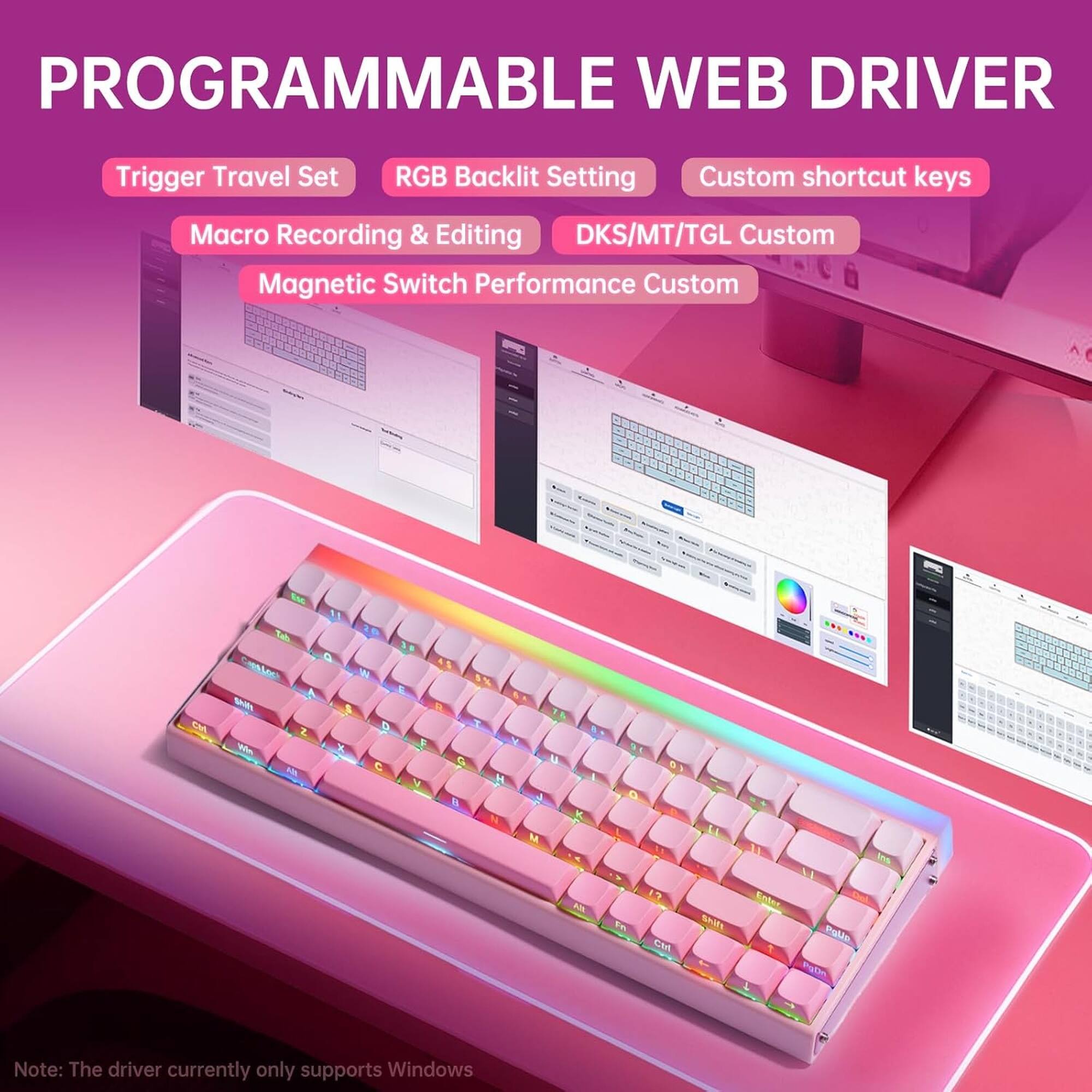 PROGRAMMABLE WEB DRIVER

- Trigger Travel Set
- RGB Backlit Setting
- Custom shortcut keys
- Macro Recording & Editing
- DKS/MT/TGL Custom
- Magnetic Switch Performance Custom

Note: The driver currently only supports Windows