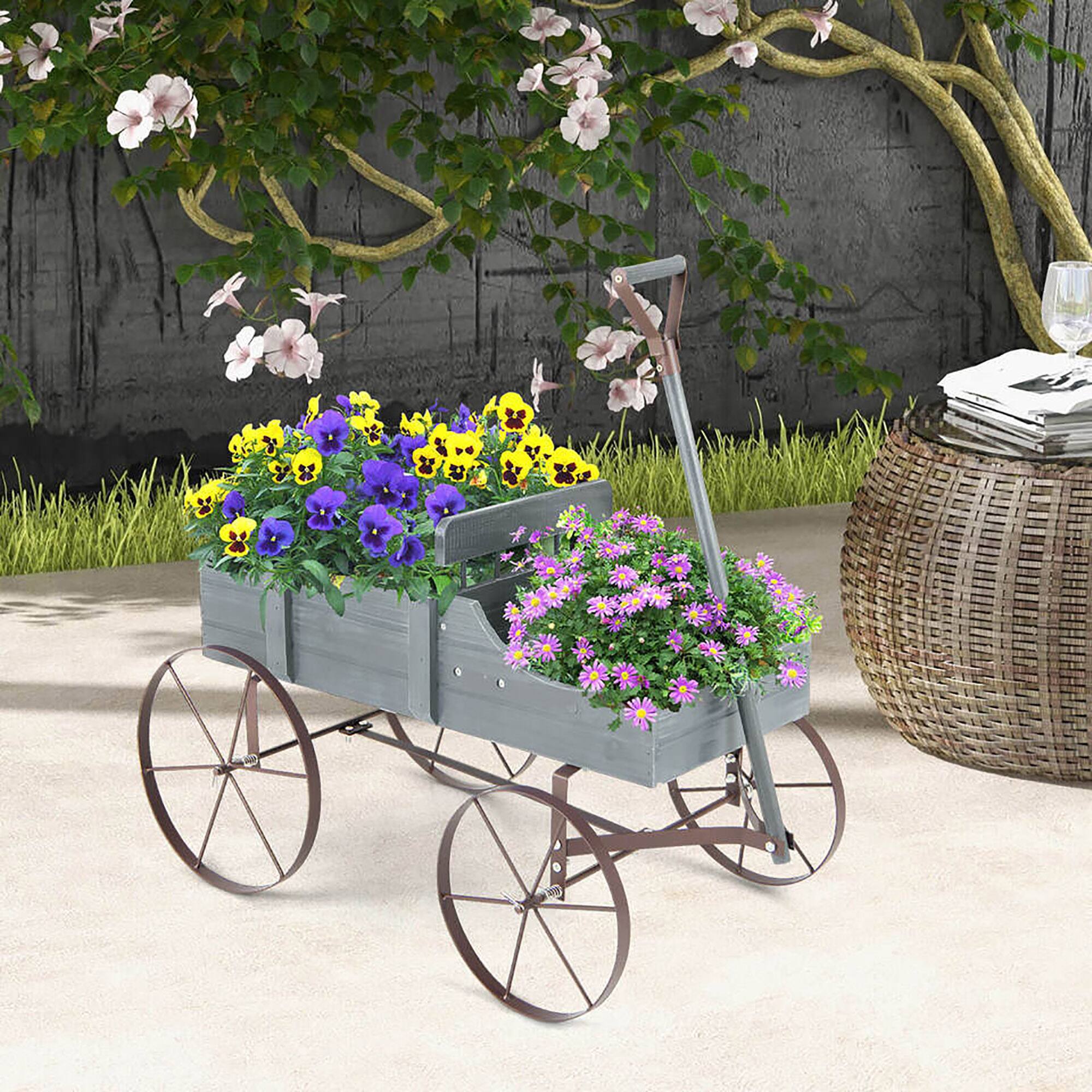 Alt View 3. Gymax - Gymax Patiojoy Wooden Garden Flower Planter Wagon Plant Bed W/ Wheel Garden Yard Gray - Gray.