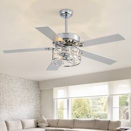 Breezary - 52-Inch Ceiling Fan with Crystal Light, 5 Blades, DC Motor, Remote Control, 6 Speeds, 5"&10" Downrod Mount - 52-inch Chrome & Silver & Wood Grain