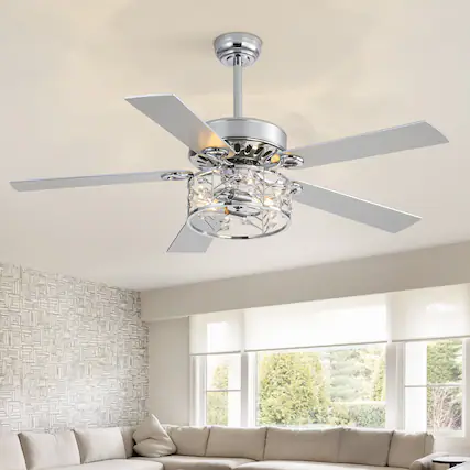 Front. Breezary - 52-Inch Ceiling Fan with Crystal Light, 5 Blades, DC Motor, Remote Control, 6 Speeds, 5"&10" Downrod Mount - 52-inch Chrome & Silver & Wood Grain.