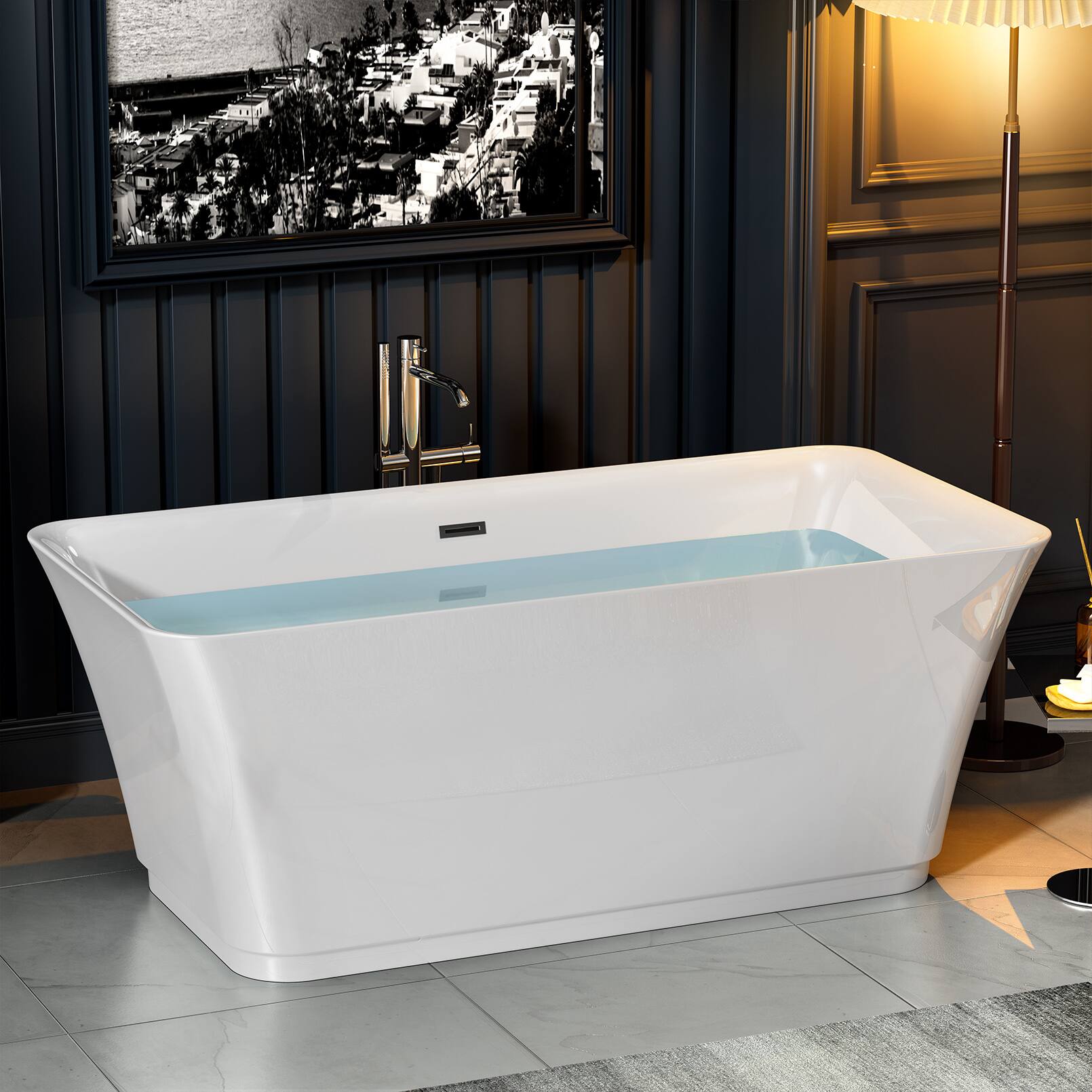 Left. Empava - 59 in. x 29.5 in. Freestanding Flat Bottom Bath Tub Soaking Bathtub with Center Drain - White.