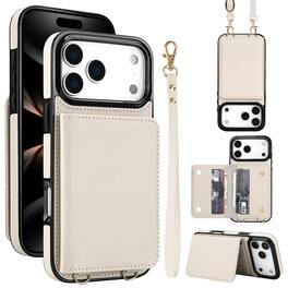 Dteck - Wallet Case for Apple iPhone 17 Pro,Faux Leather Flip Cover with RFID Card Holder+Strap,Shockproof Crossbody Case - White
