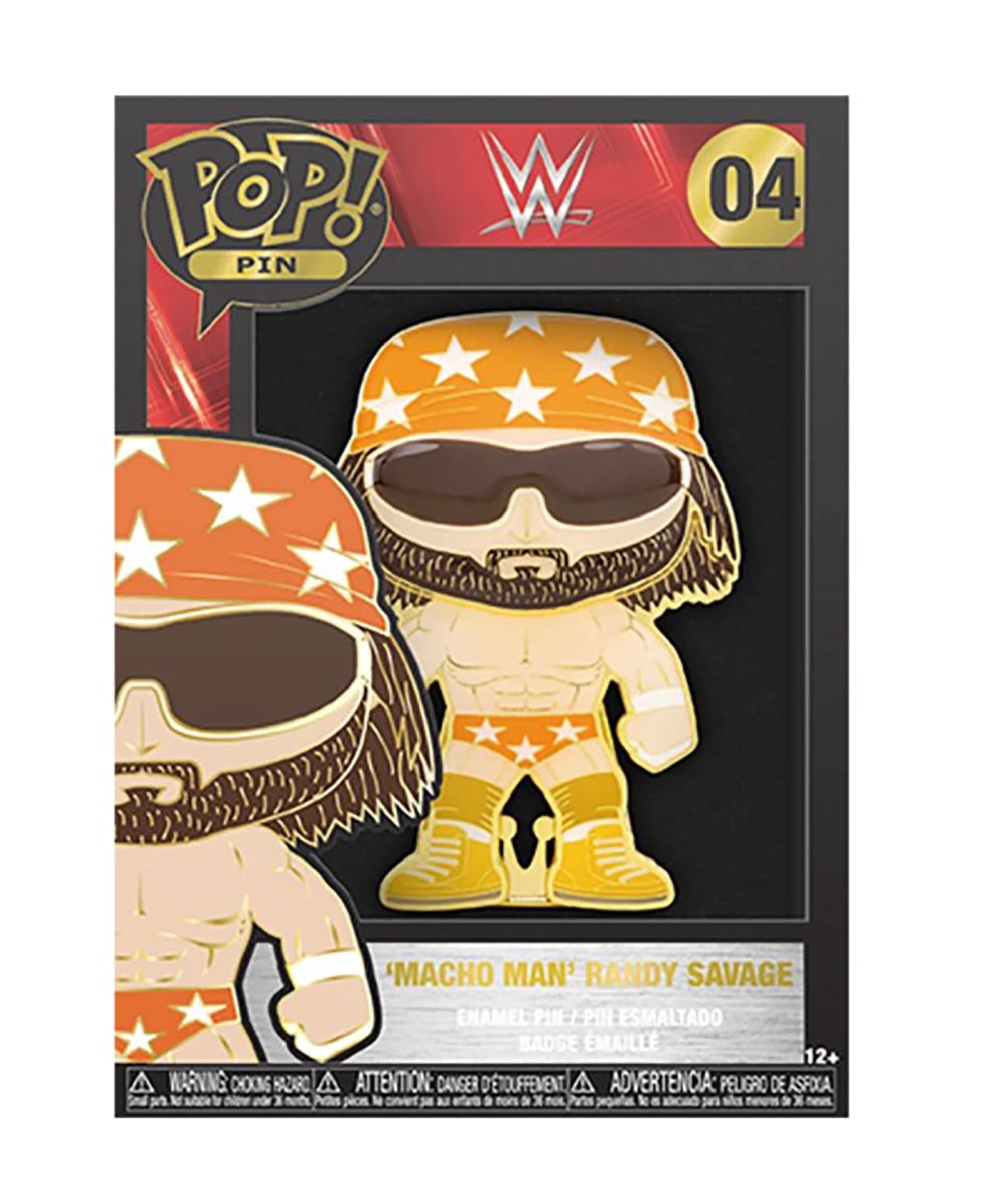 Sure, here is the corrected and grouped text from the image:

---

**POP! PIN**

**04**

**WWE**

**'MACHO MAN' RANDY SAVAGE**

**ENAMEL PIN - PIN ESMALTADO - BADGE EMAILLE**

**12+**

**WARNING: CHOKING HAZARD - ATTENTION: DANGER DE SOUFFLEMENT - ADVERTENCIA: PELIGRO DE ASFIXIA**

---

This text is organized to reflect the information as it appears on the packaging.