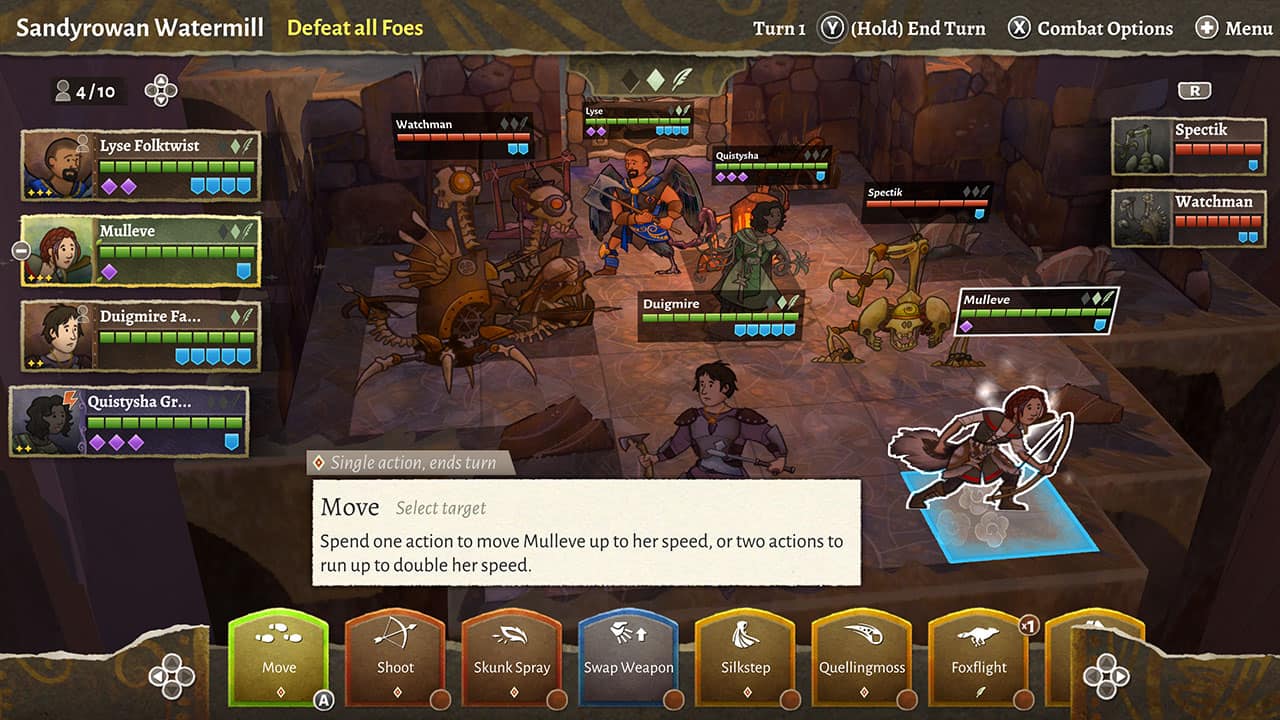 Grouped and corrected text:
Sandyrowan Watermill Defeat all Foes Turn 1 Y (Hold) End Turn X Combat Options + Menu 4/10 Lyse Folktwist Watchman Lyse Quistysha R Spectik Spectik Watchman Mulleve - Duigmire Fa... Duigmire Mulleve 4 Quistysha Gr... Single action, ends turn Move Select target Spend one action to move Mulleve up to her speed, or two actions to run up to double her speed. x1 Move Shoot Skunk Spray Swap Weapon Silkstep Quellingmoss Foxflight A