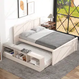 Whisen - Wood Platform Bed with Pull-Out Trundle and Storage Shelves,Extendable Bed - Cream White