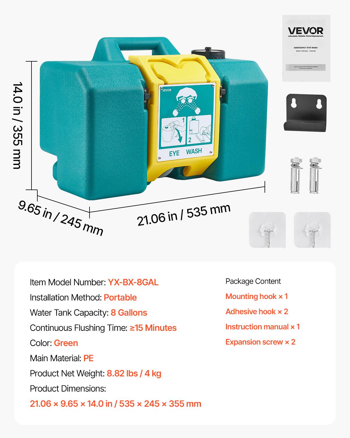 VEVOR

Item Model Number: YX-BX-8GAL

Installation Method: Portable

Water Tank Capacity: 8 Gallons

Continuous Flushing Time: ≥15 Minutes

Color: Green

Main Material: PE

Product Net Weight: 8.82 lbs / 4 kg

Product Dimensions: 21.06 x 9.65 x 14.0 in / 535 x 245 x 355 mm

Package Content:
- Mounting hook x 1
- Adhesive hook x 2
- Instruction manual x 1
- Expansion screw x 2