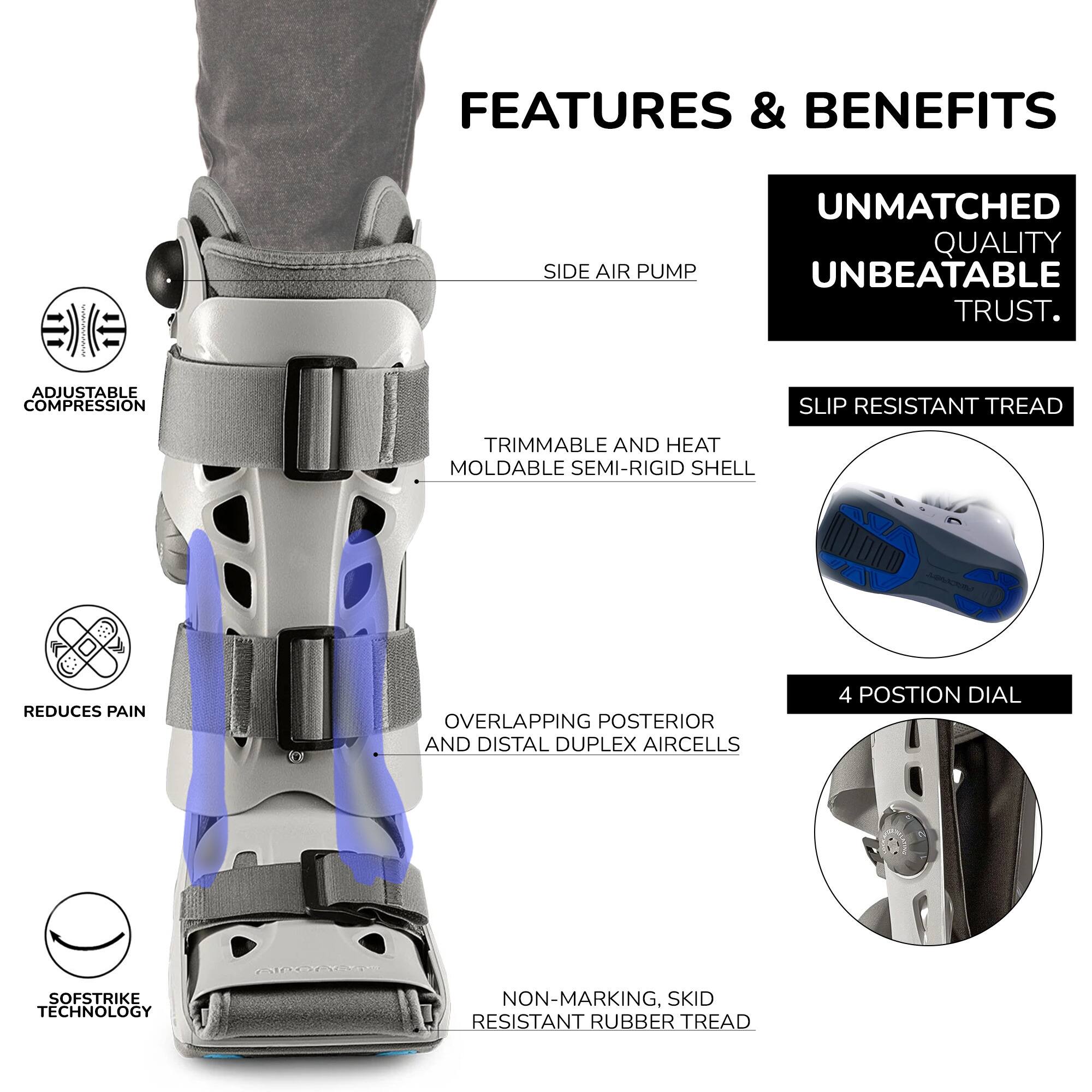 **FEATURES & BENEFITS**

- **UNMATCHED QUALITY UNBEATABLE TRUST.**
- **SIDE AIR PUMP**
- **ADJUSTABLE COMPRESSION**
- **SLIP RESISTANT TREAD**
- **TRIMMABLE AND HEAT MOLDABLE SEMI-RIGID SHELL**
- **REDUCES PAIN**
- **OVERLAPPING POSTERIOR AND DISTAL DUPLEX AIRCELLS**
- **4 POSITION DIAL**
- **NON-MARKING, SKID RESISTANT RUBBER TREAD**
- **SOFSRIKE TECHNOLOGY**