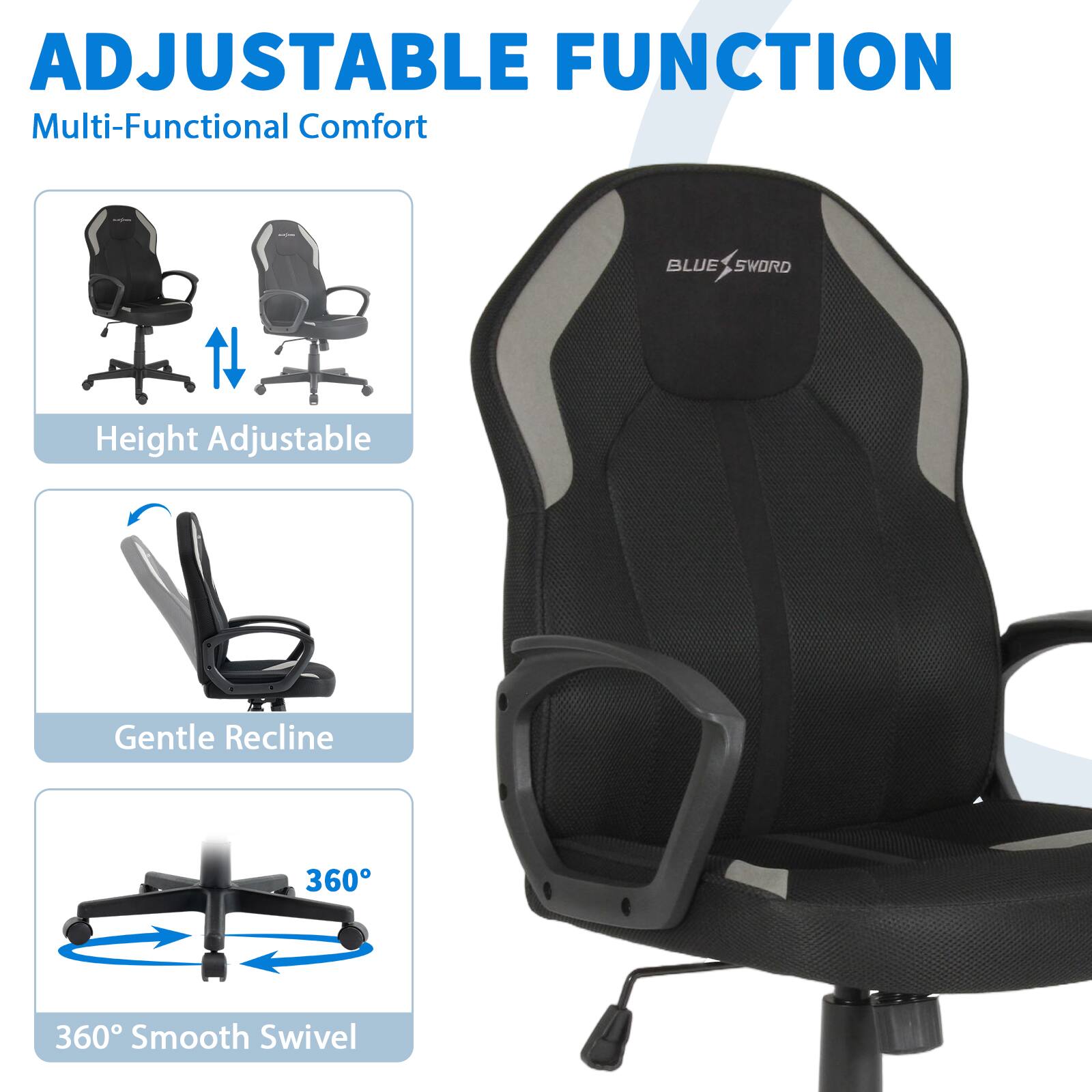 ADJUSTABLE FUNCTION  
Multi-Functional Comfort  

- Height Adjustable  
- Gentle Recline  
- 360° Smooth Swivel