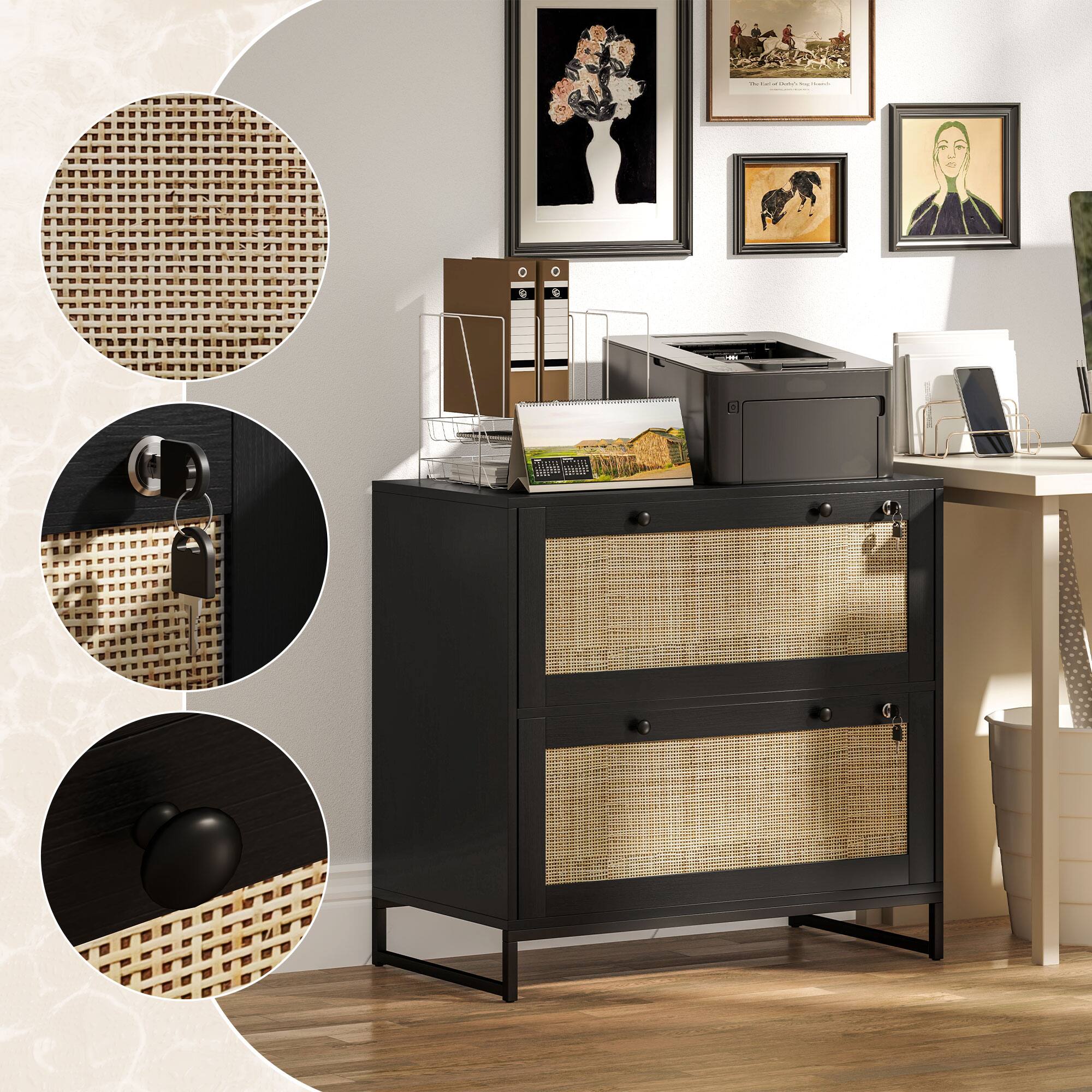 Alt View 7. Vinsetto - 2 Rattan Drawer File Cabinet with Lock, Lateral Filing Cabinet with Adjustable Hanging Bar for Letter.