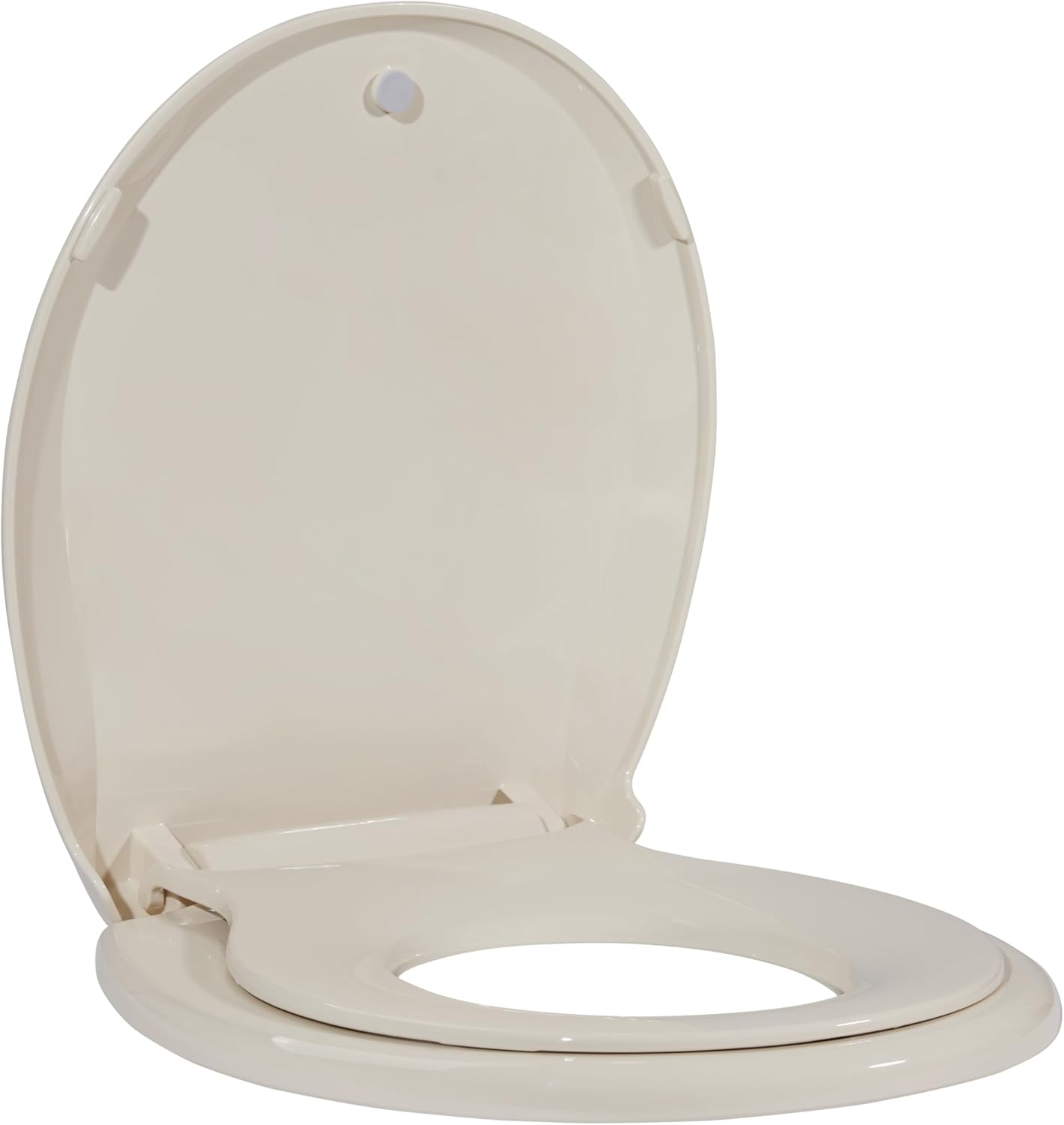 Back. Jojoka - 2-in-1 Dual Seat 17 Inch Almond PP Toilet Seat Round Soft Close Quick Install - Gold.
