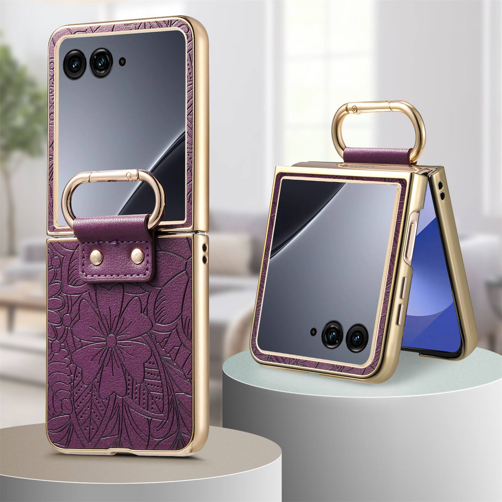 Angle. Dteck - Shockproof Leather Texture Case for Motorola Razr Ultra (2025), Electroplated Rigid Plastic Cover with Ring Holder Stand - Purple.