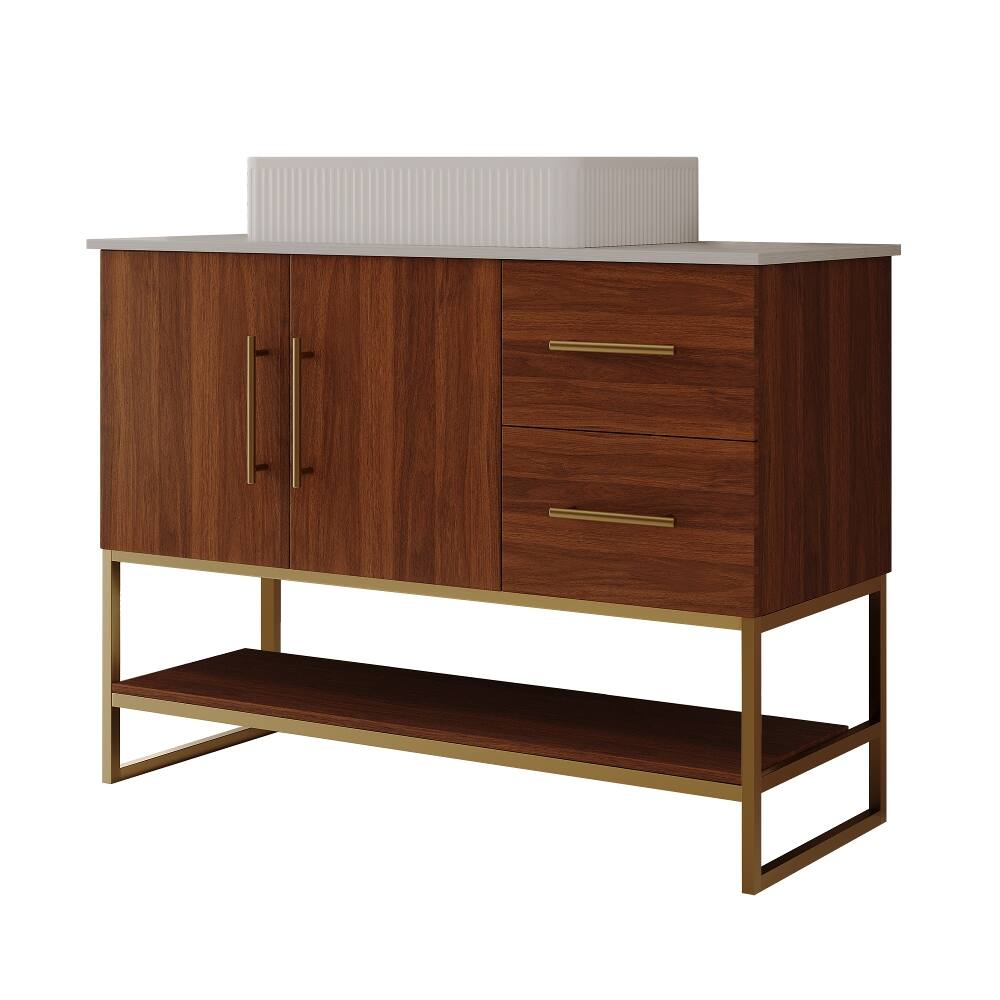 Alt View 4. Loheer - Loheer 36 inch modern bathroom vanity with ceramic vessel sink, gold accent freestanding cabinet, walnut - Walnut, Gold, White.