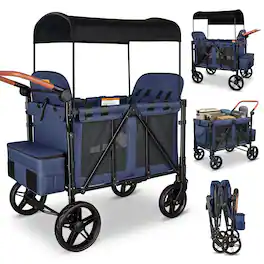 Wisairt - Wagon Stroller for 4 Kids, 3-in-1 Foldable Stroller Wagon with Canopy, 5-Point Harness, All-Terrain Wheels - Blue