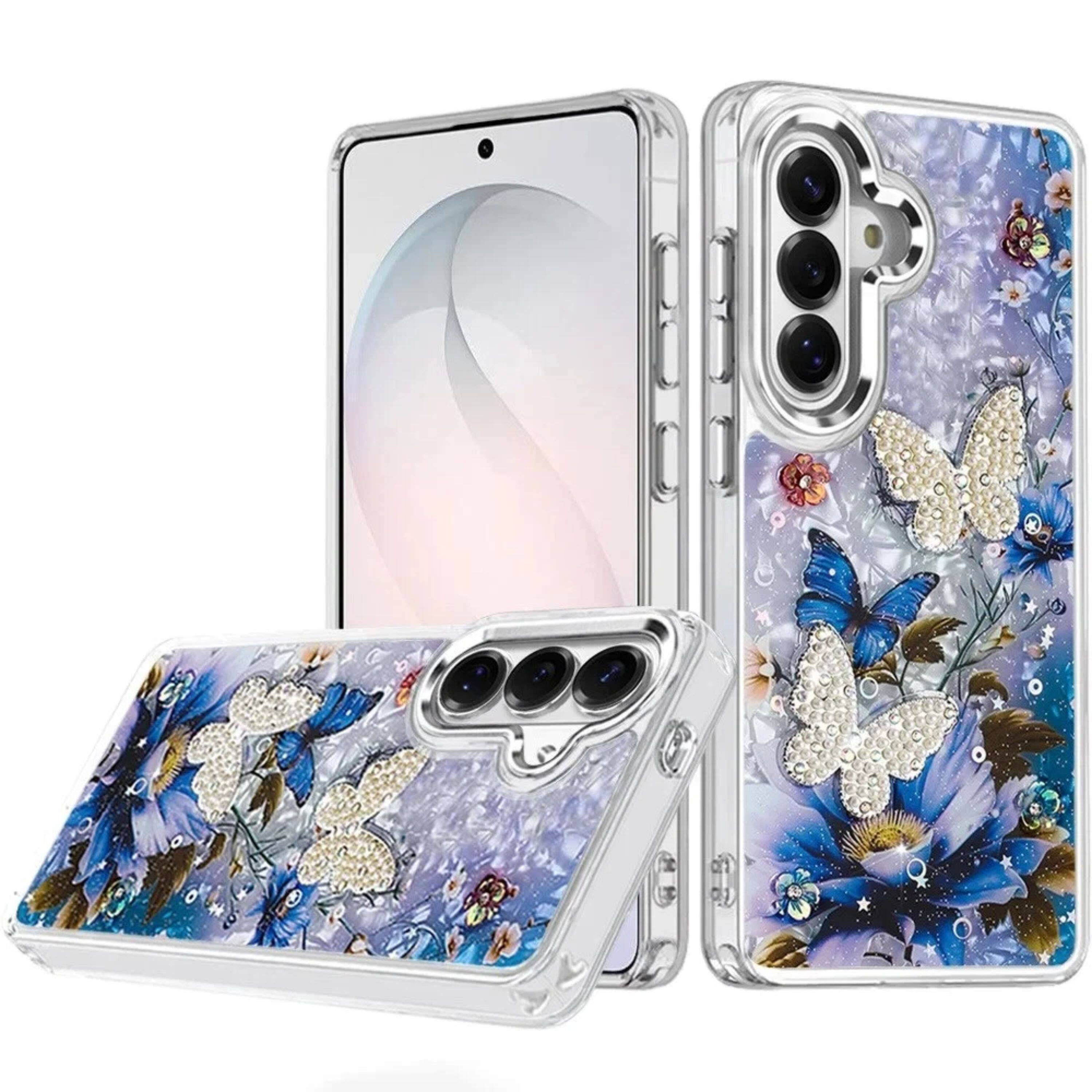 Left. Kitcheniva - Dazzling 3D Butterfly Beaded Glitter Protective Case With Tempered Glass For Samsung S26 FE A - Blue.
