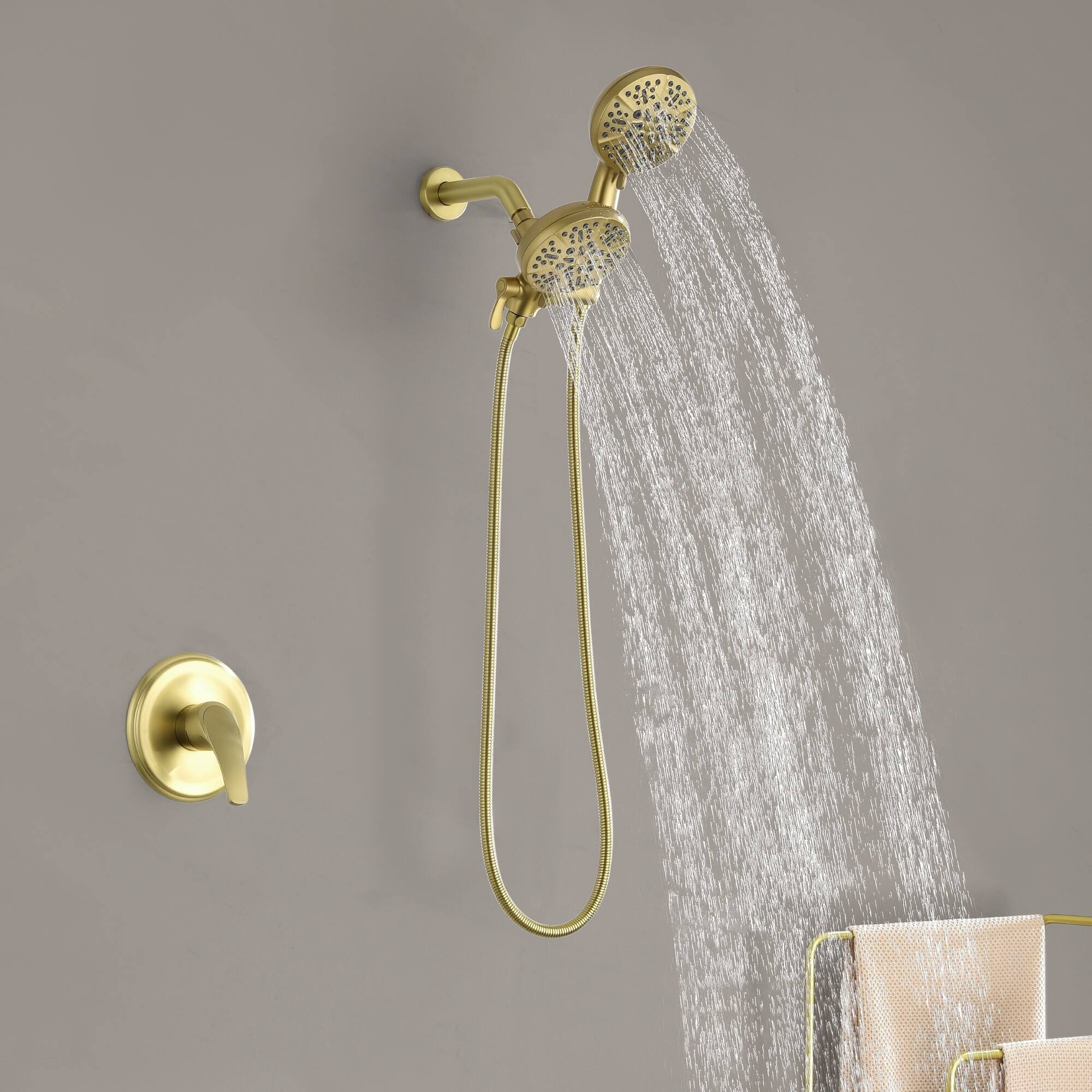 Alt View 3. Boyel Living - Brushed Gold Shower Set Brass SUS304 1-Function Valve 7-Function Dual Sprayers 60-Inch Steel Hose cUPC - Brushed Gold.