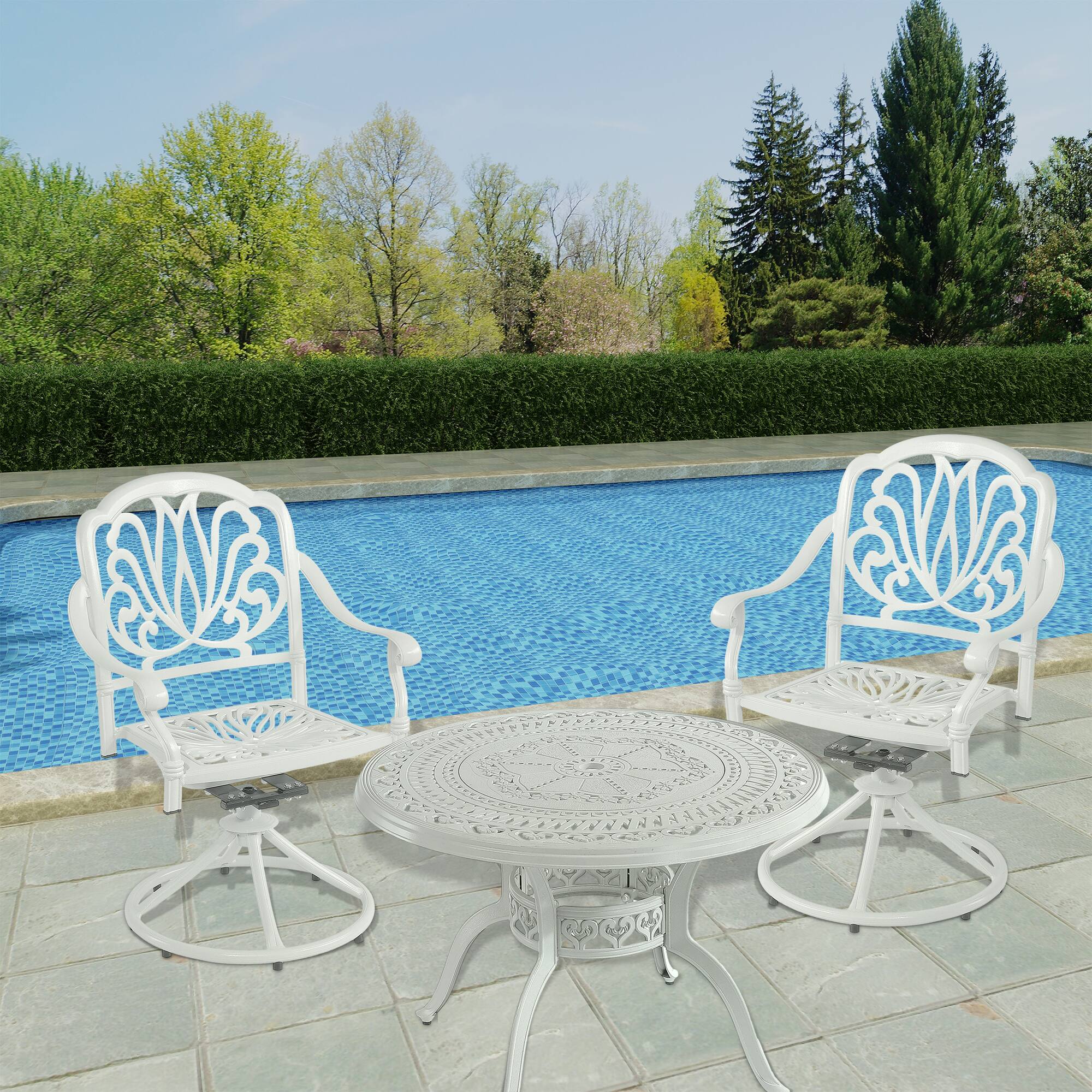 Left. Mondawe - Set of 2 Cast Aluminum Swivel Bar Stools - White.