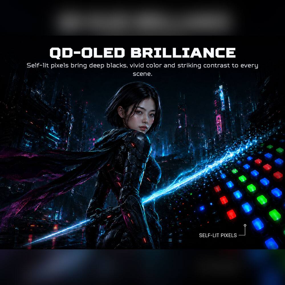 QD-OLED BRILLIANCE  
Self-lit pixels bring deep blacks, vivid color and striking contrast to every scene.  
SELF-LIT PIXELS