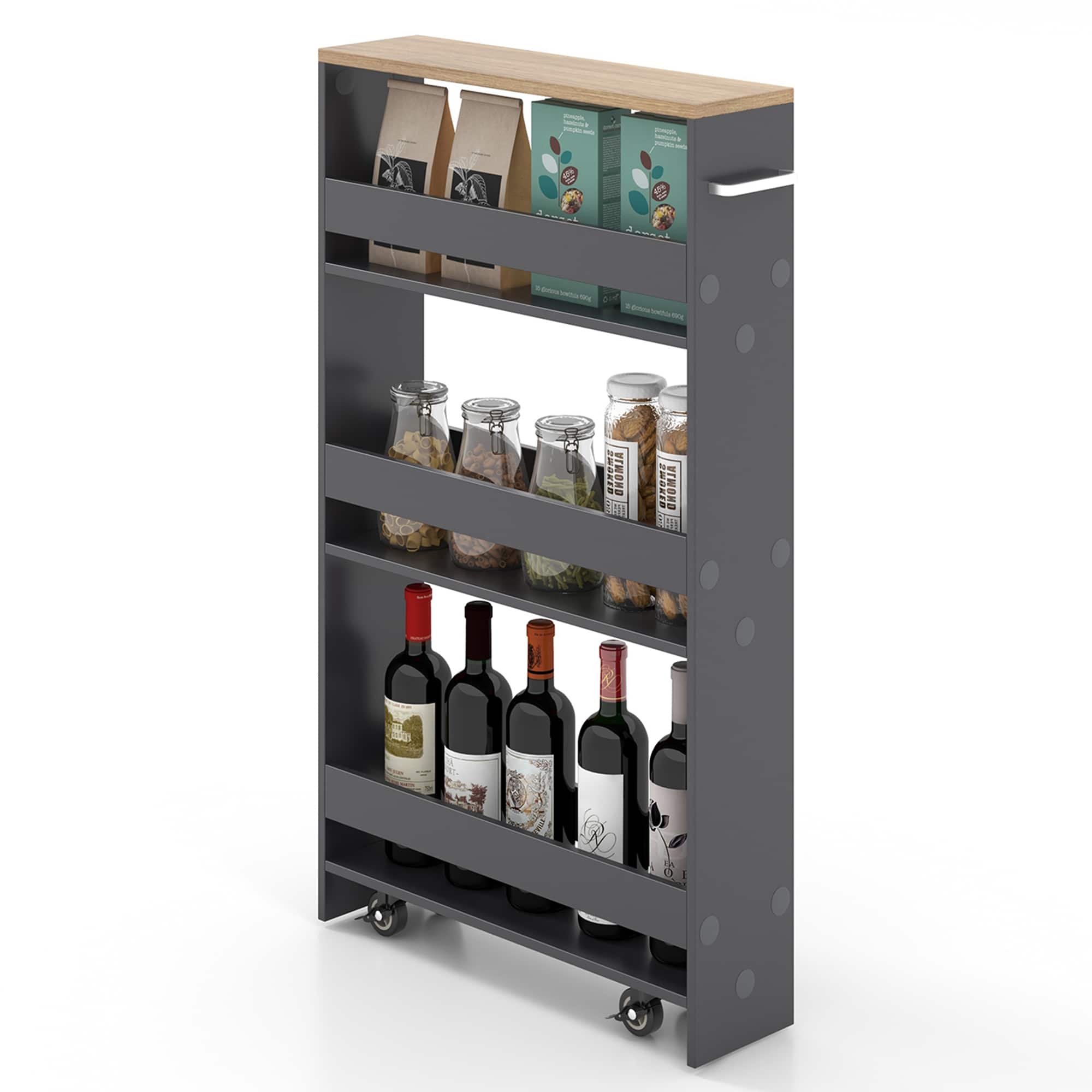 Costway - Rolling Kitchen Slim Storage Cart Mobile Shelving Organizer with Handle - Grey,Natural