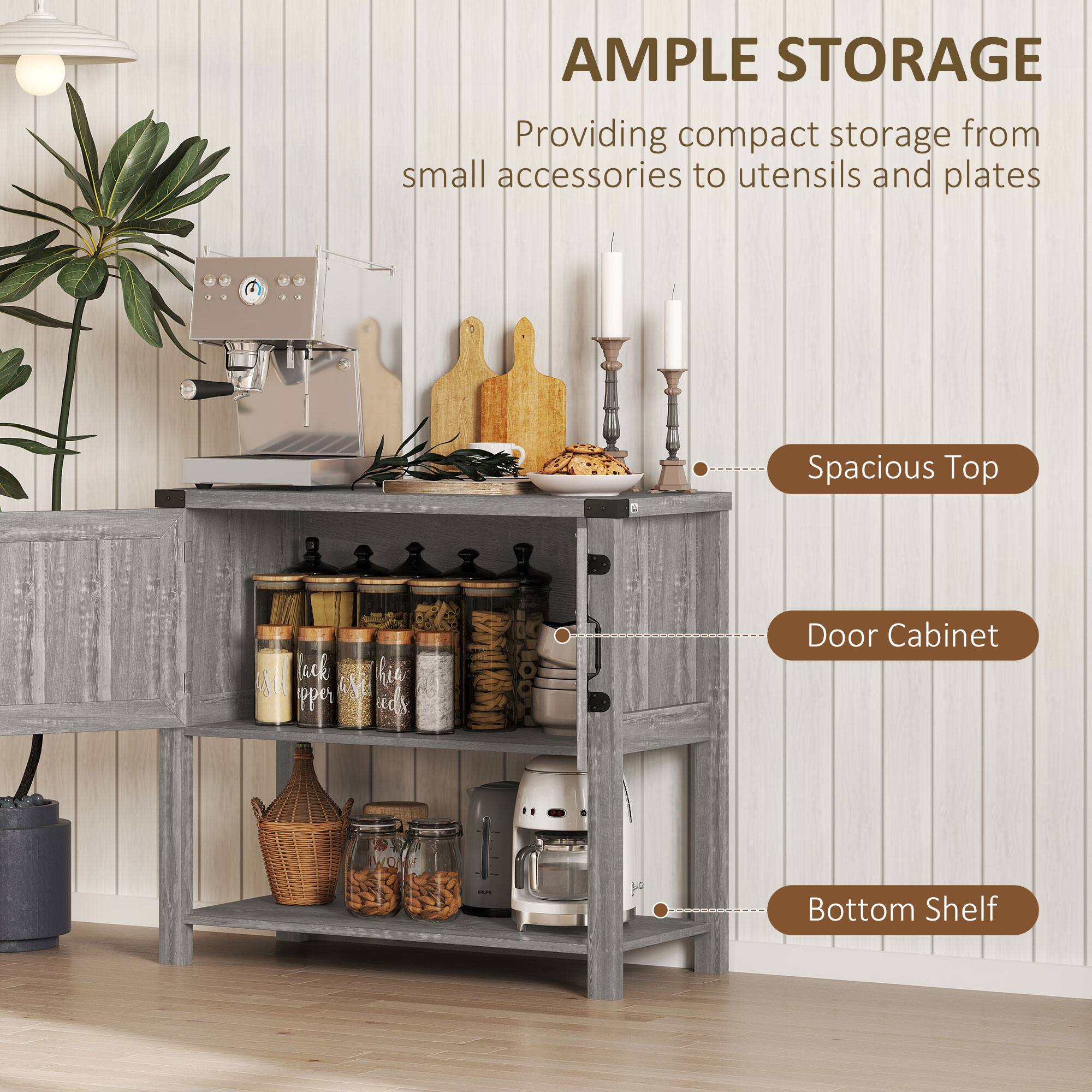 AMPLE STORAGE, Providing compact storage from small accessories to utensils and plates, Spacious Top, A lack i hier pper eas, Door Cabinet, Bottom Shelf
