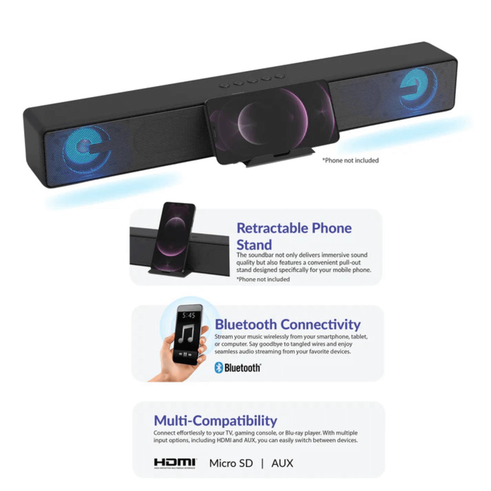 Supersonic 17.6 Inch Portable 10W Bluetooth Soundbar Black SC