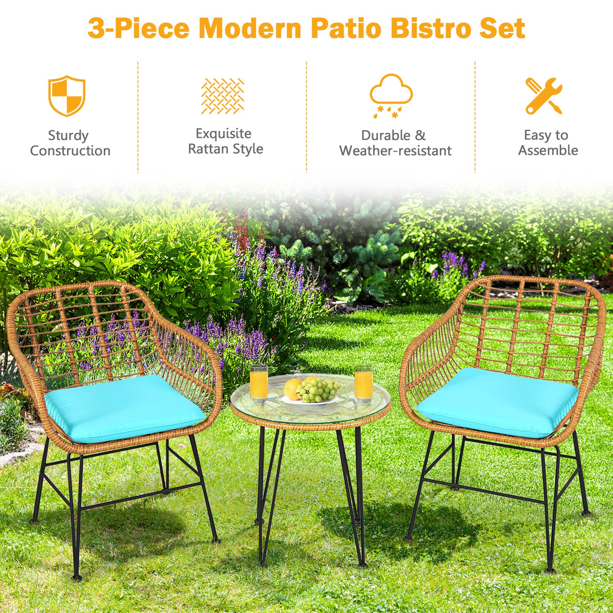 3-Piece Modern Patio Bistro Set

- Sturdy Construction
- Exquisite Rattan Style
- Durable & Weather-resistant
- Easy to Assemble