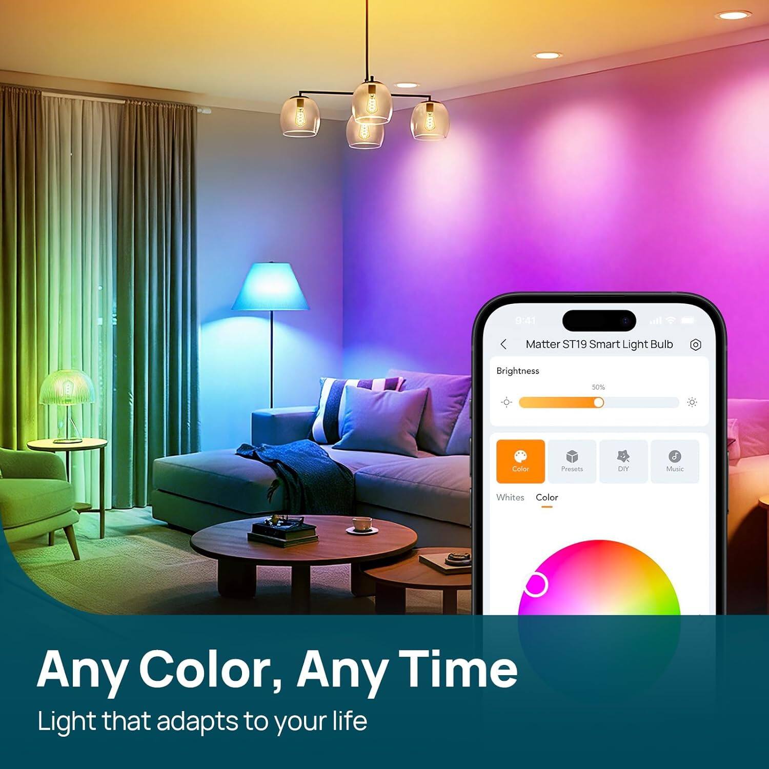 0:41 Matter ST19 Smart Light Bulb Brightness 50% Cader Preselt DIY d Music Whites Color Any Color, Any Time Light that adapts to your life