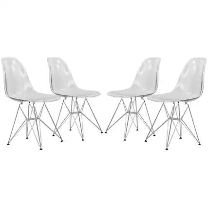 Front. LeisureMod - Cresco 4-Pieces Ergonomic Acrylic Dining Chair with Chrome Eiffel Base for Home or Office - Clear.